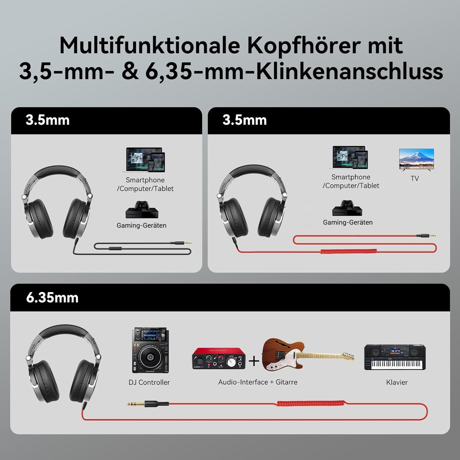Słuchawki z gniazdami 3,5 mm i 6,35 mm do urządzeń, DJ-a, gitary i pianina.