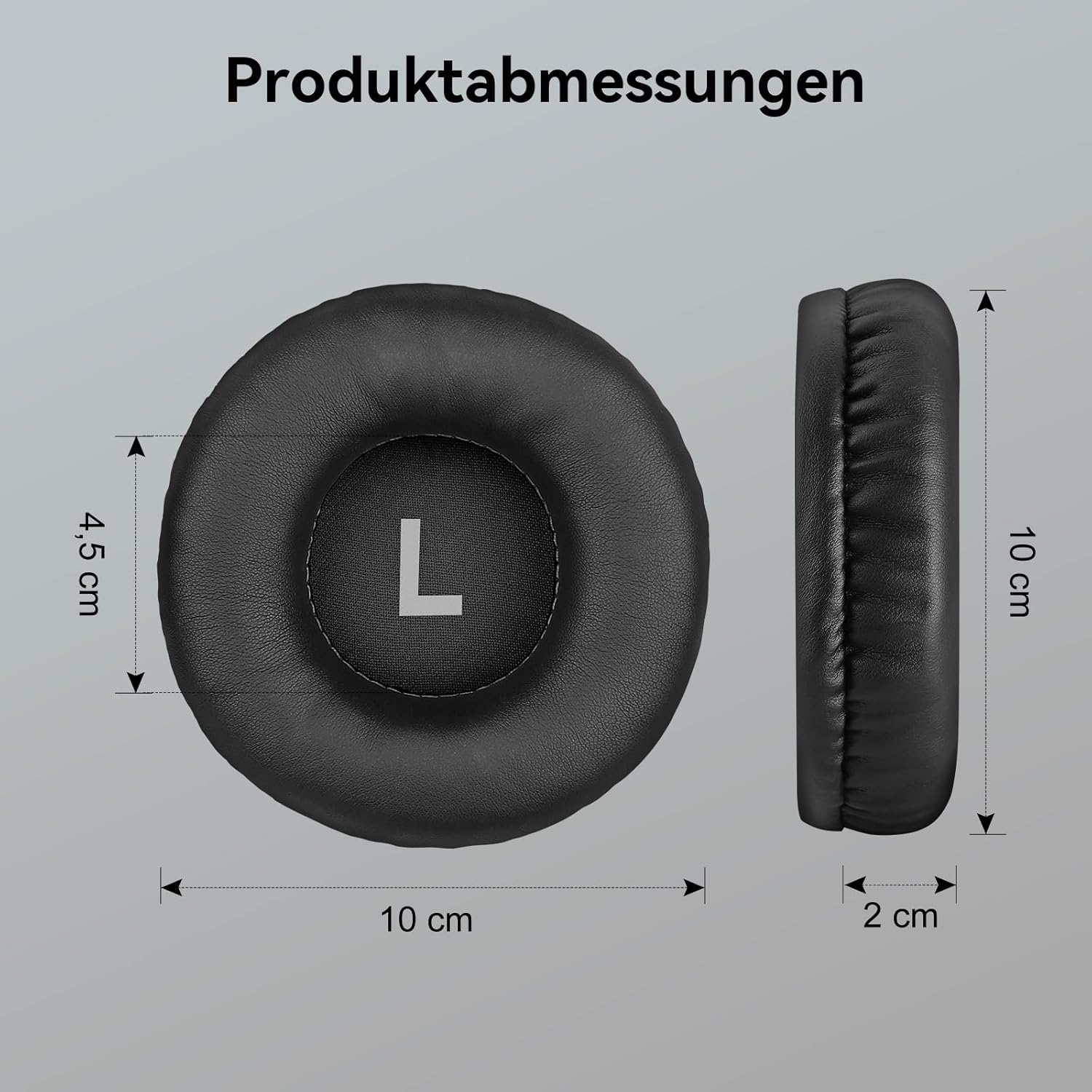 Wymiary czarnych nauszników: 10cm szerokości, 4,5cm wysokości, 2cm grubości.