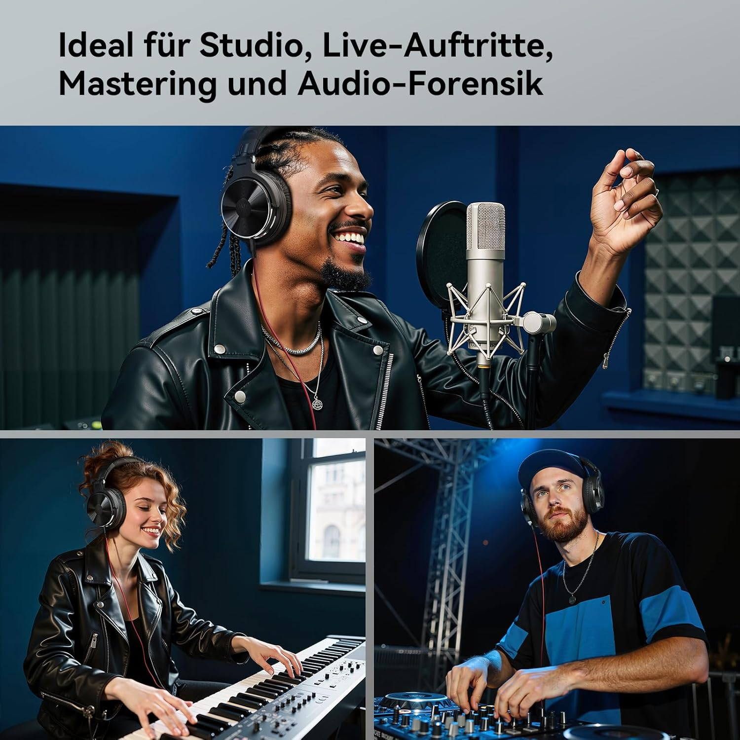 Trzy sceny: Mężczyzna śpiewa do mikrofonu, kobieta gra na klawiszach, DJ gra.