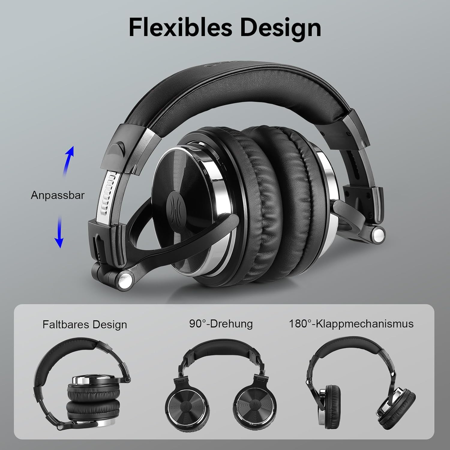 Czarne słuchawki z srebrnymi akcentami, złożone i obrotowe.