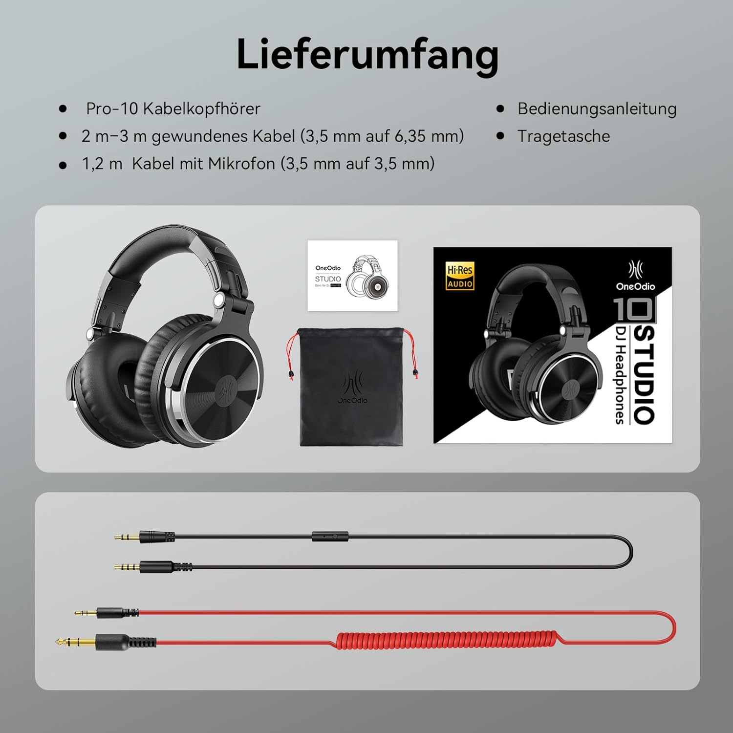 Przedstawiono słuchawki, kable, torbę i instrukcję.