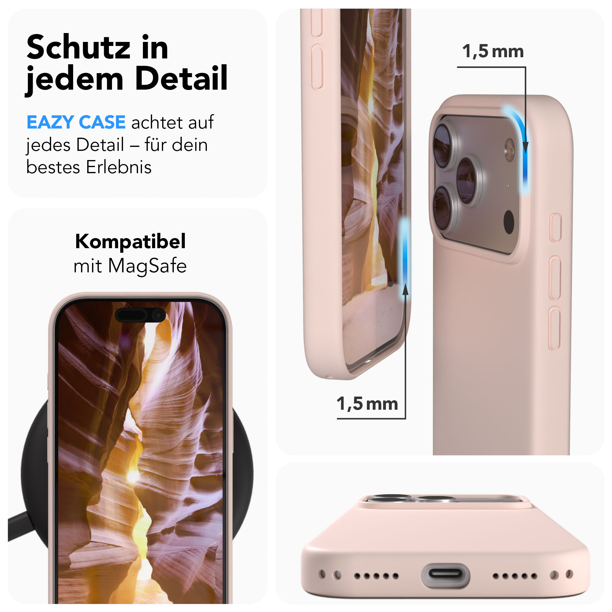 Eine rosafarbene Handyhülle mit MagSafe-Kompatibilität wird gezeigt.
