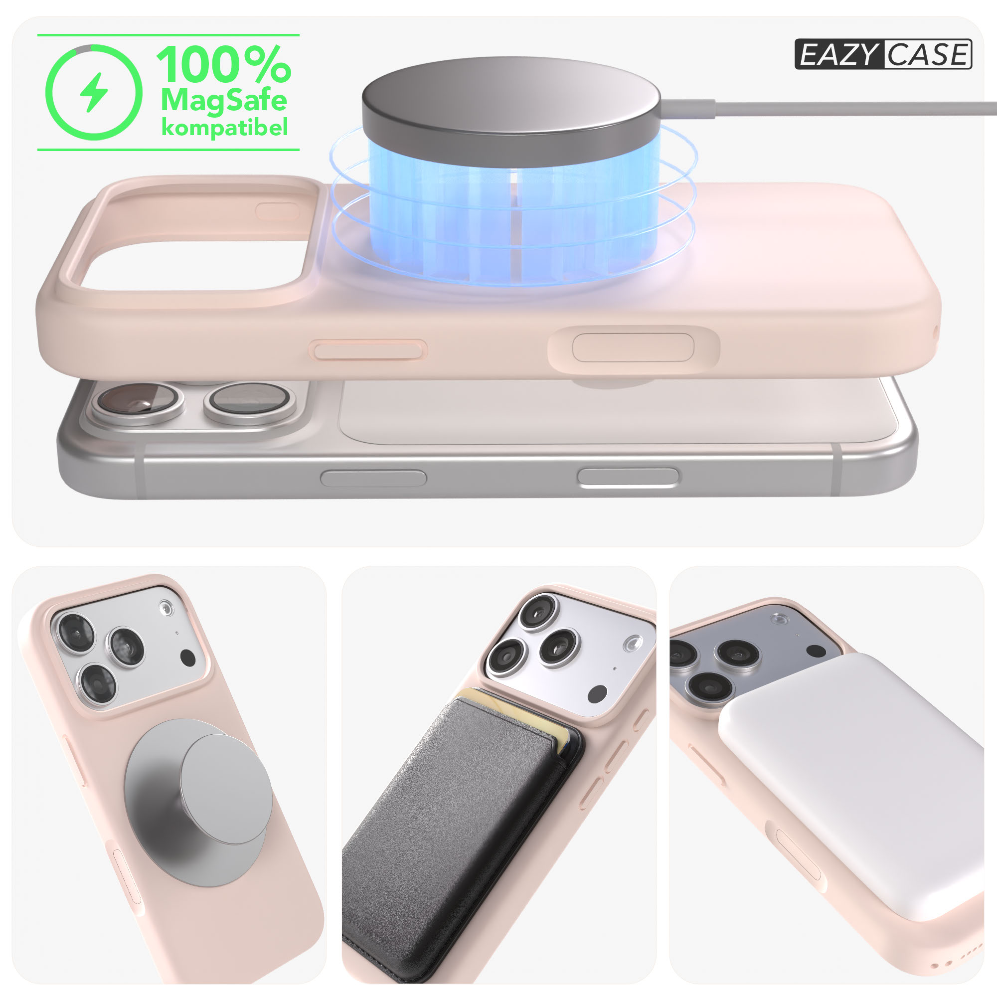 iPhone mit MagSafe Ladefunktion und Zubehörteilen.