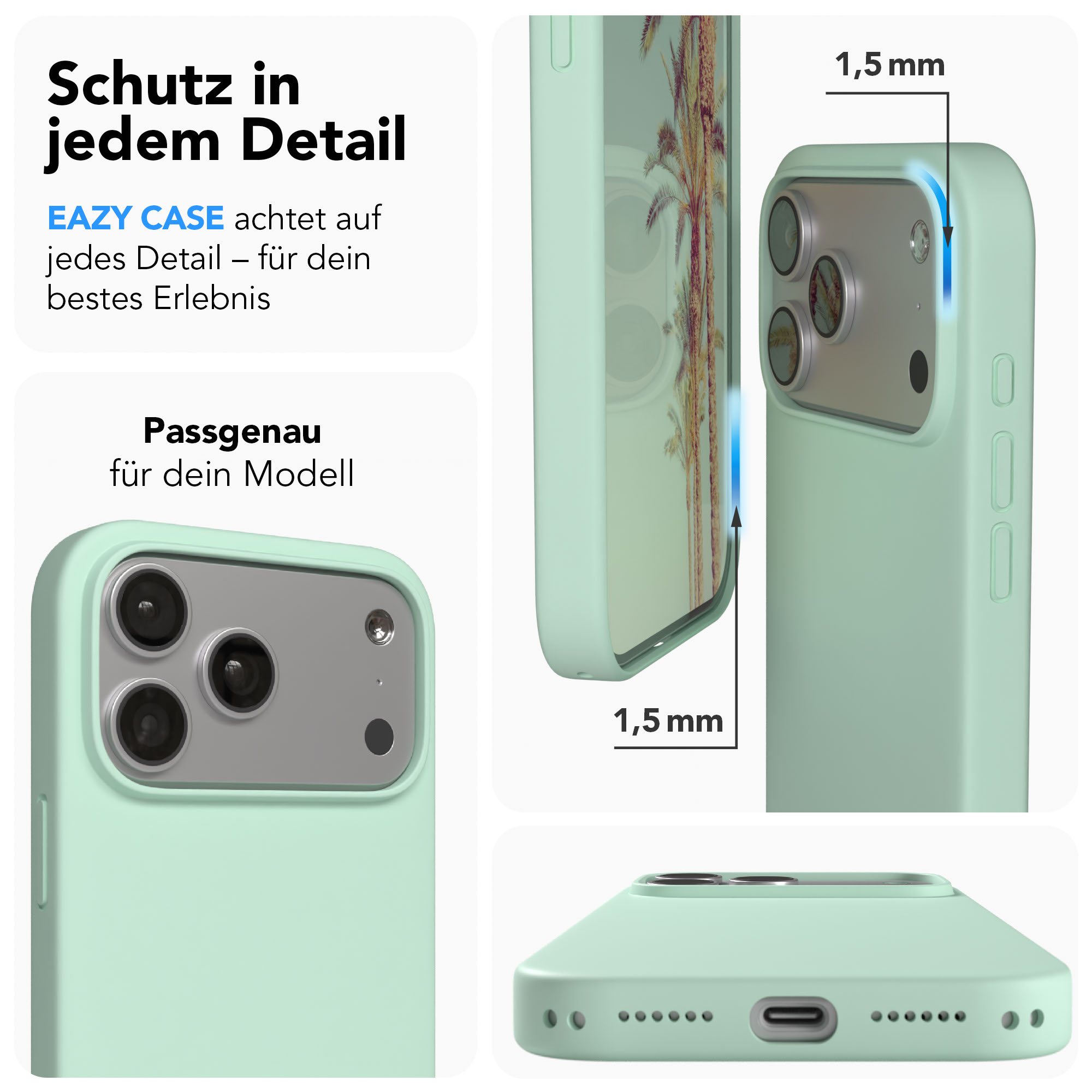 Eine mintgrüne Handyhülle mit Palmenmotiv, 1,5mm Schutz.