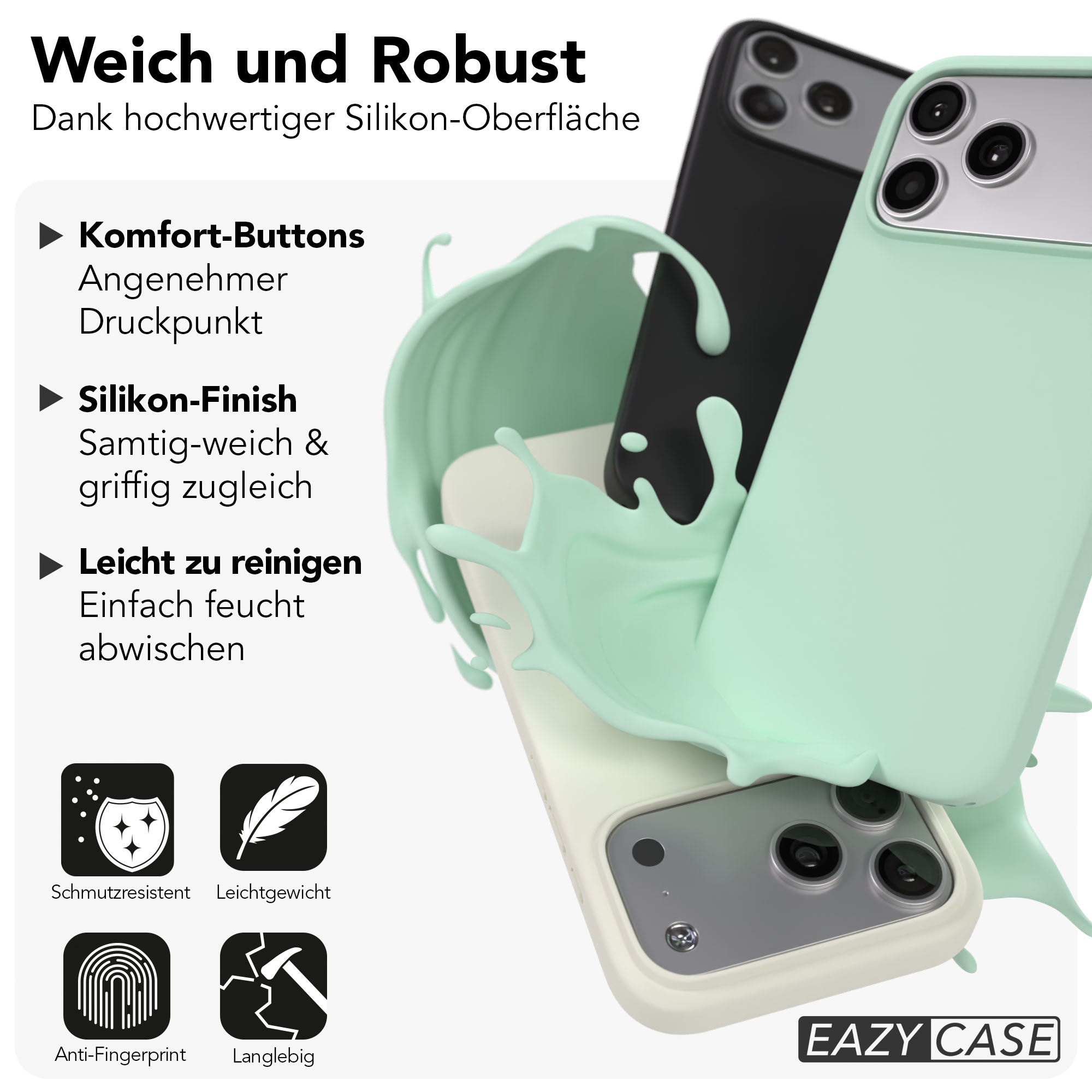 Drei Handyhüllen in Mintgrün, Schwarz und Beige mit flüssigem Mintgrün-Splash.