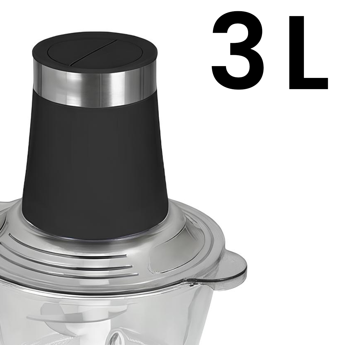 Un robot da cucina con corpo nero, anello metallico e indicatore 3L.