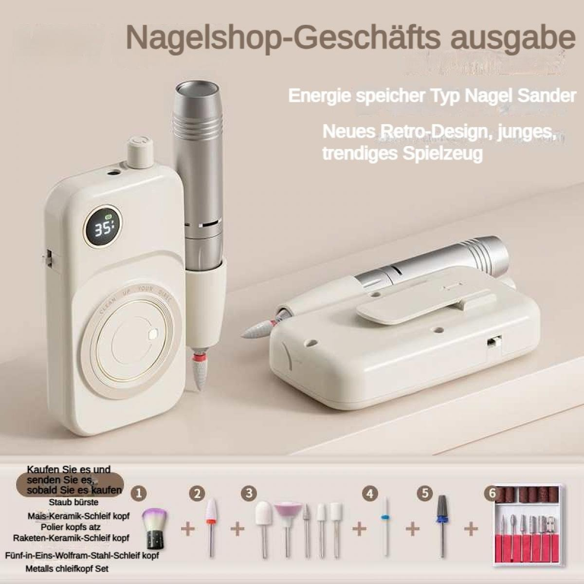 Ein elektrischer Nagelknipser mit Aufsätzen und Digitalanzeige.