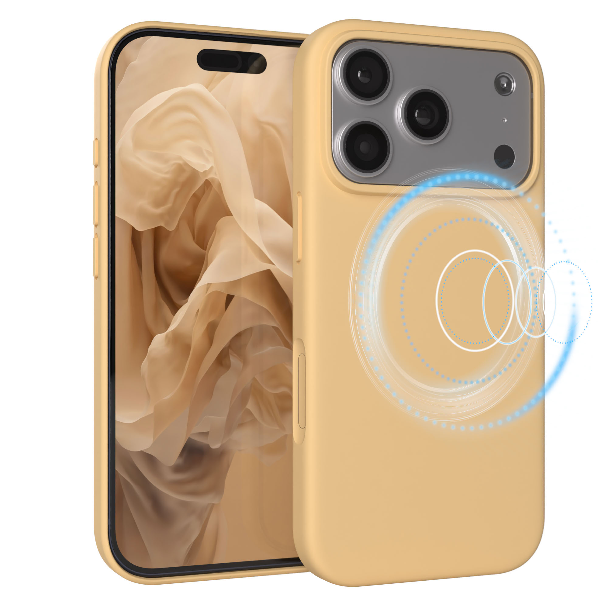 Ein gelbes iPhone-Gehäuse mit drei Kameras und einem Bildschirm mit Stoffmuster.