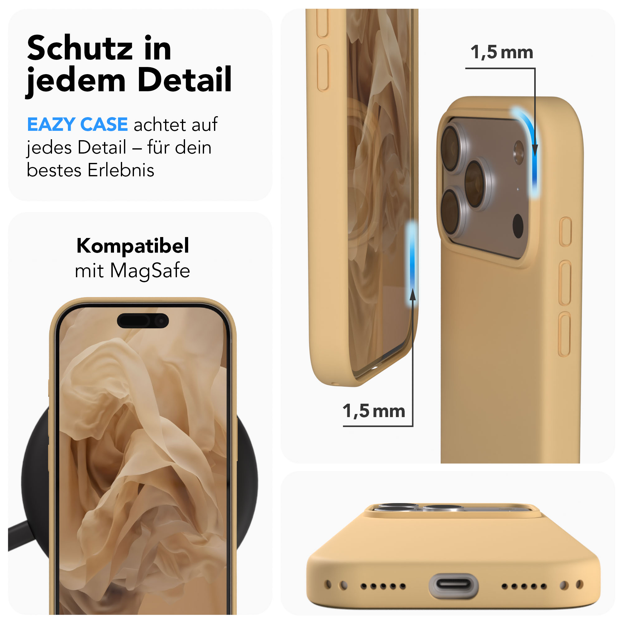 Ein gelbes Handycase mit iPhone-Kamera und 1,5mm Randhöhe.