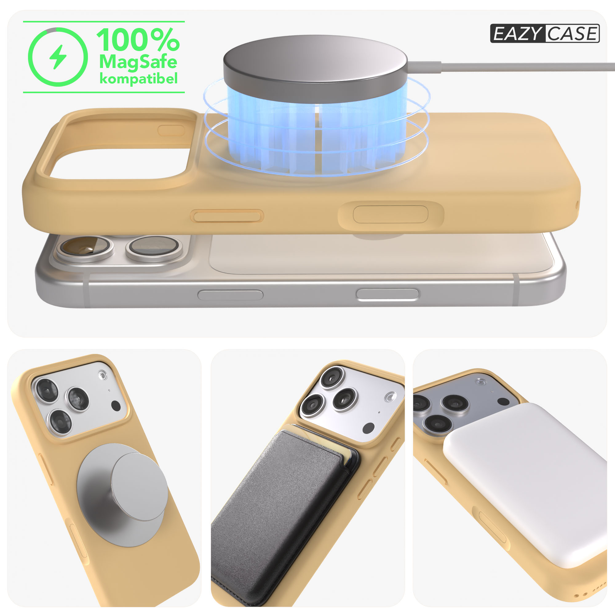 Ein gelbes iPhone-Case mit MagSafe-Ladegerät, Halterung und Kartenetui.