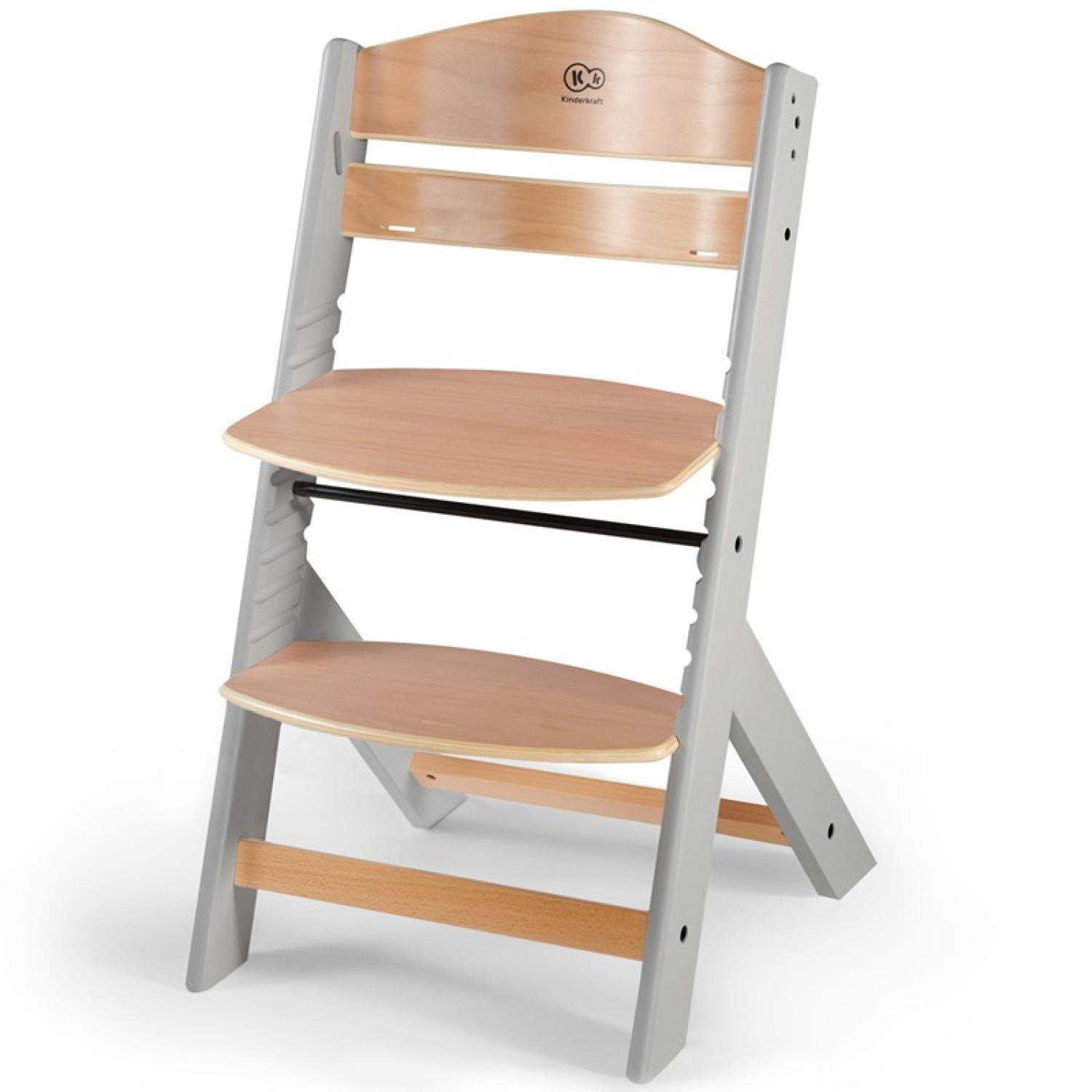 Ein hölzerner Hochstuhl mit grauen Beinen und Sitzflächen.