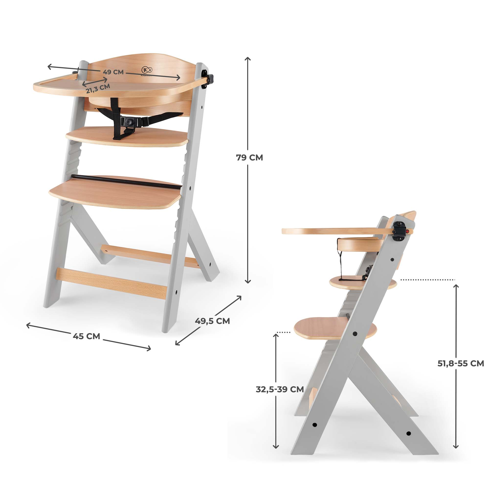 Ein Kinderhochstuhl aus Holz und grauem Metall mit Maßen.