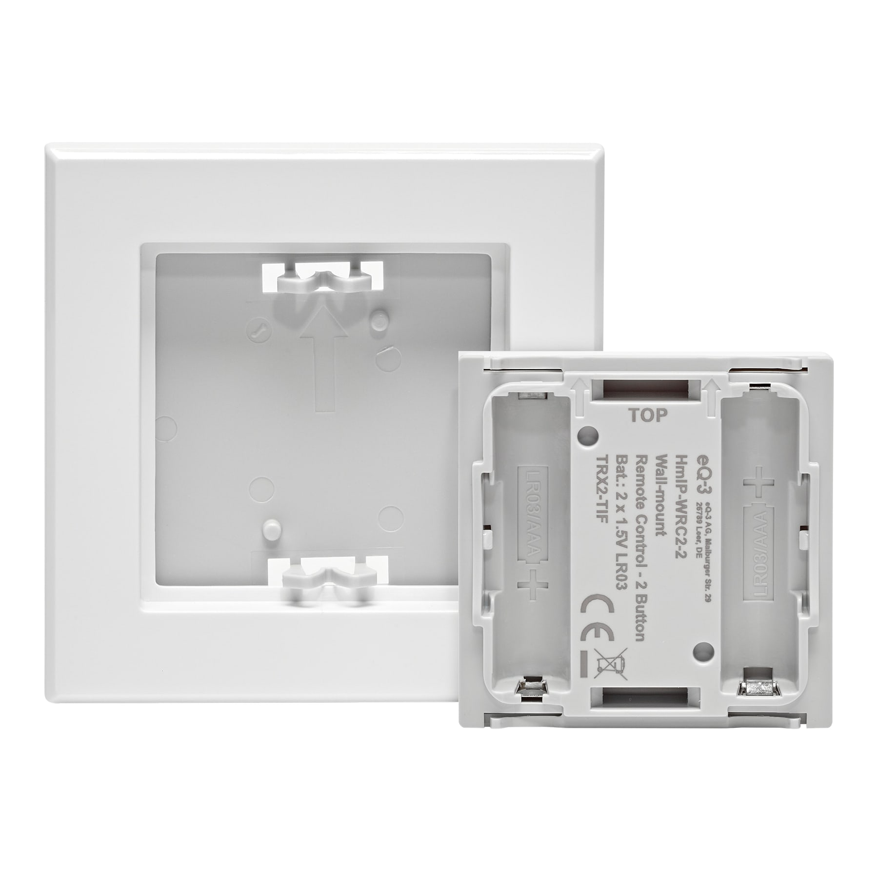 Télécommande murale blanche avec compartiment pour 2 piles AAA.