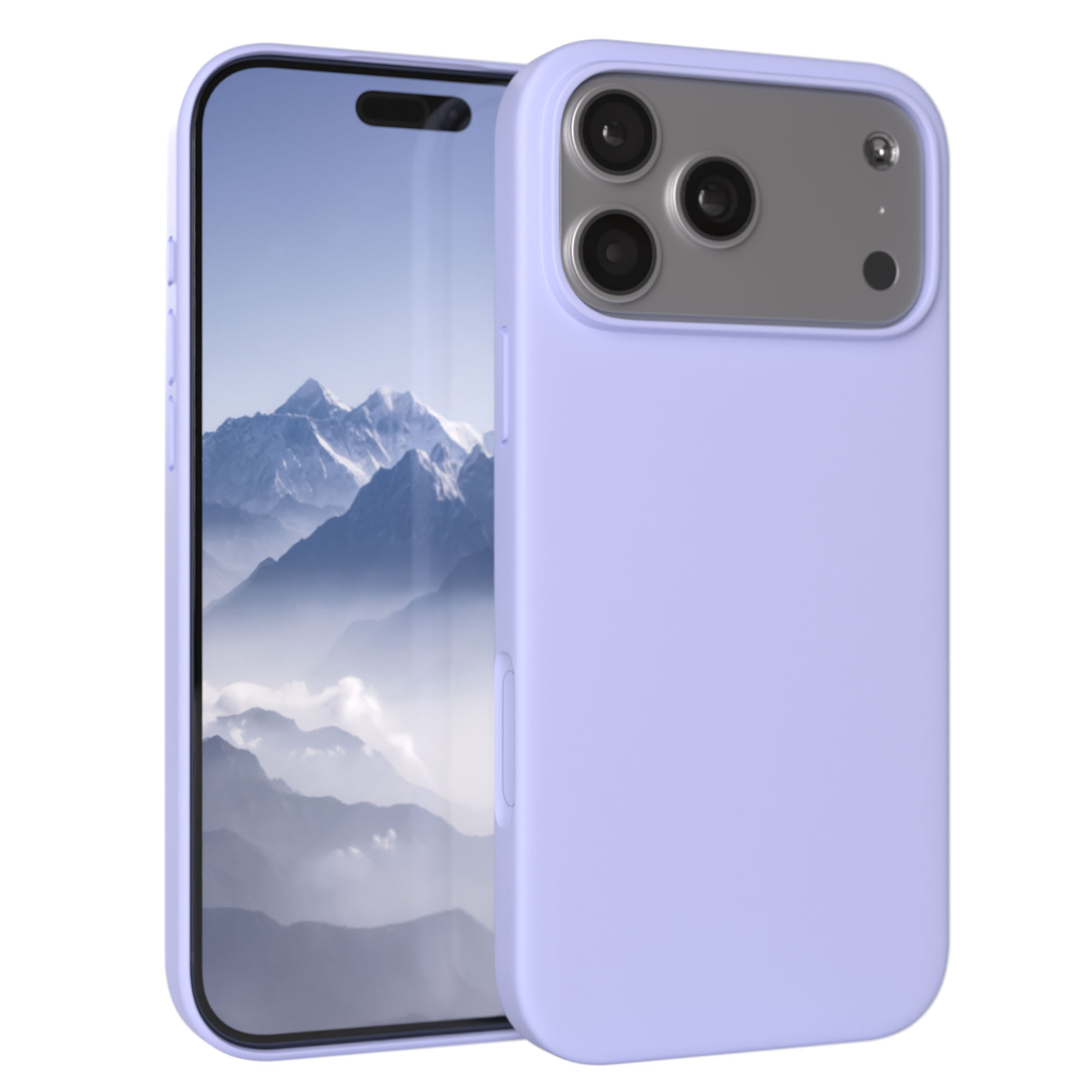 Ein hellviolettes Handycase mit drei Kameralinsen. Berglandschaft auf dem Display.