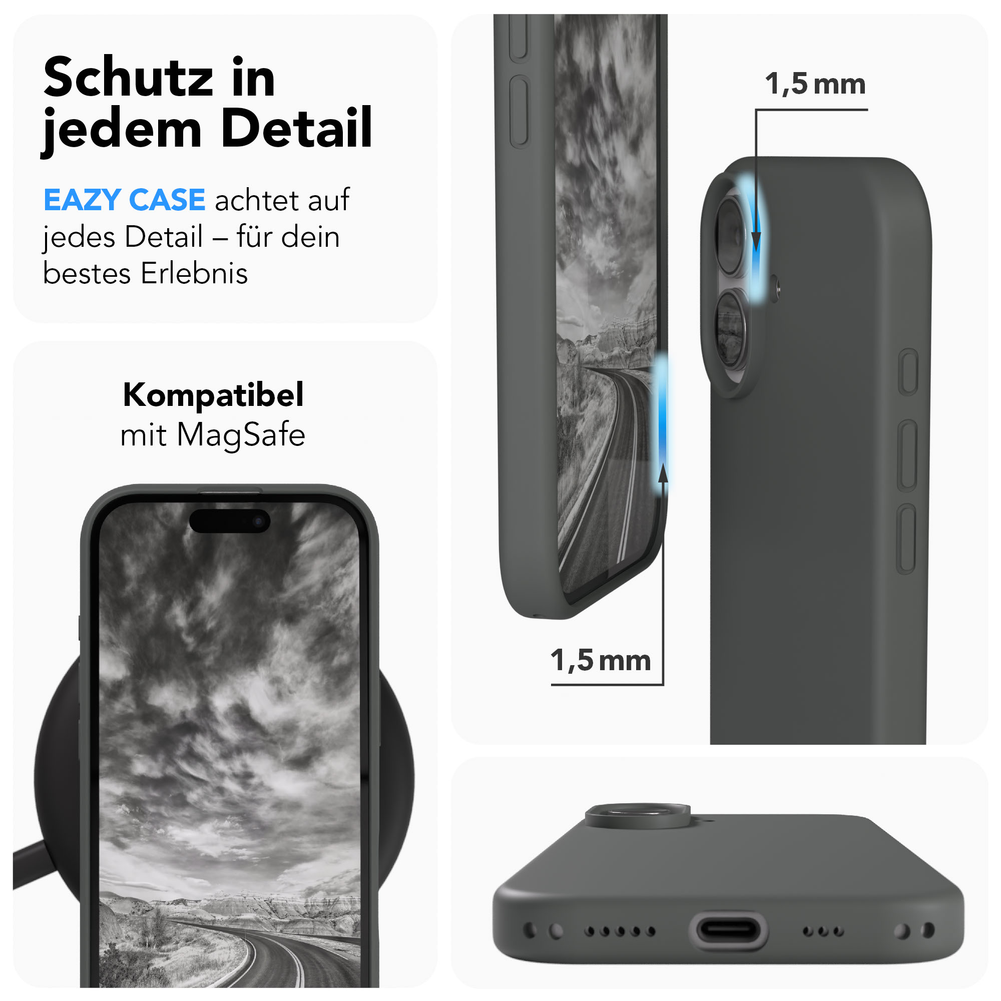 Graue Handyhülle mit Aufschriften und Detailbildern von Kameras und Anschlüssen.