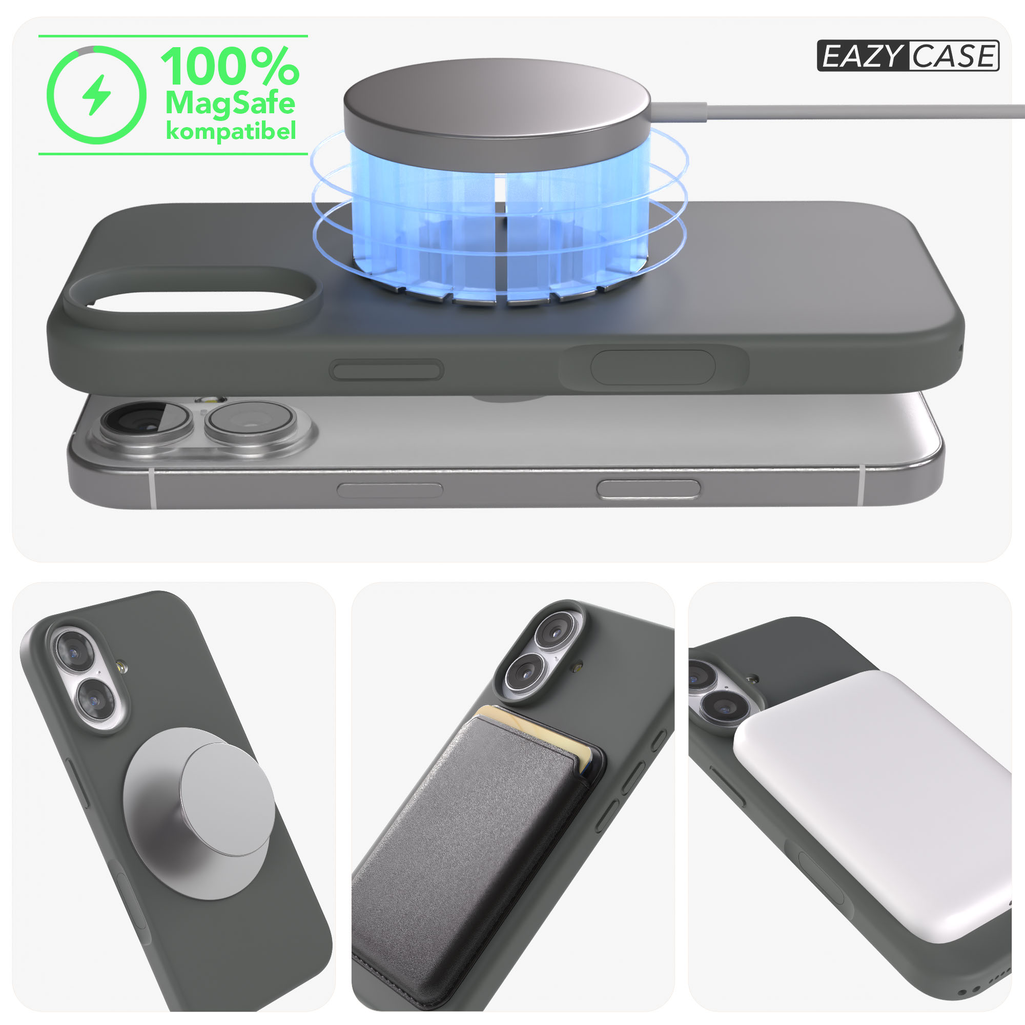 Ein iPhone mit MagSafe-Ladegerät, Handyhülle, Kartenhalter und Powerbank.