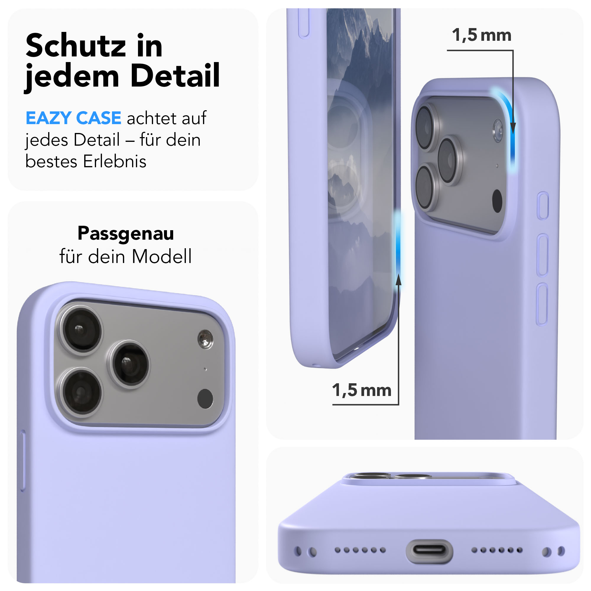 Ein lila Handyhülle wird von verschiedenen Seiten gezeigt, mit Maßen.