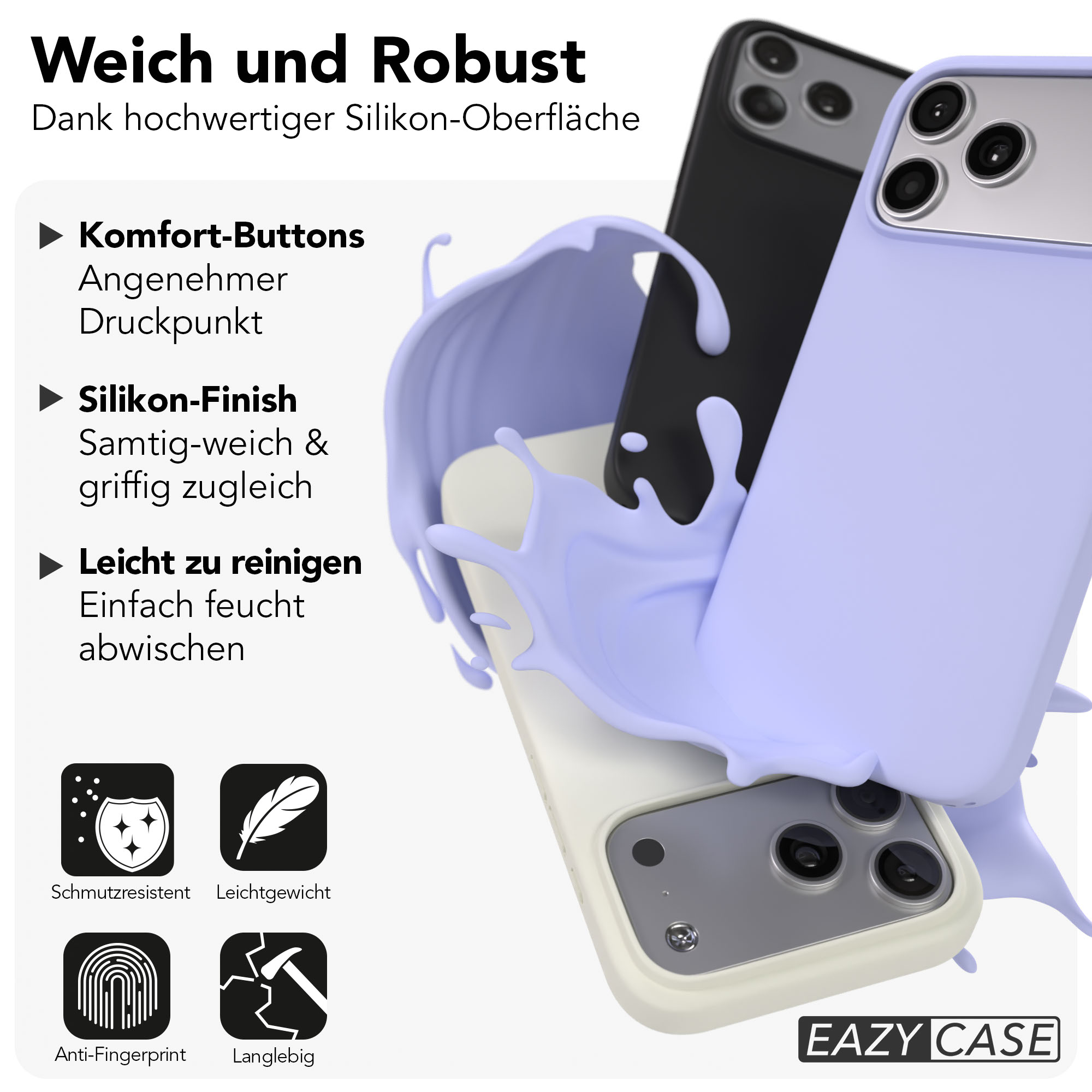 Drei Handyhüllen in Lavendel, Schwarz und Beige, umgeben von violetter Flüssigkeit.