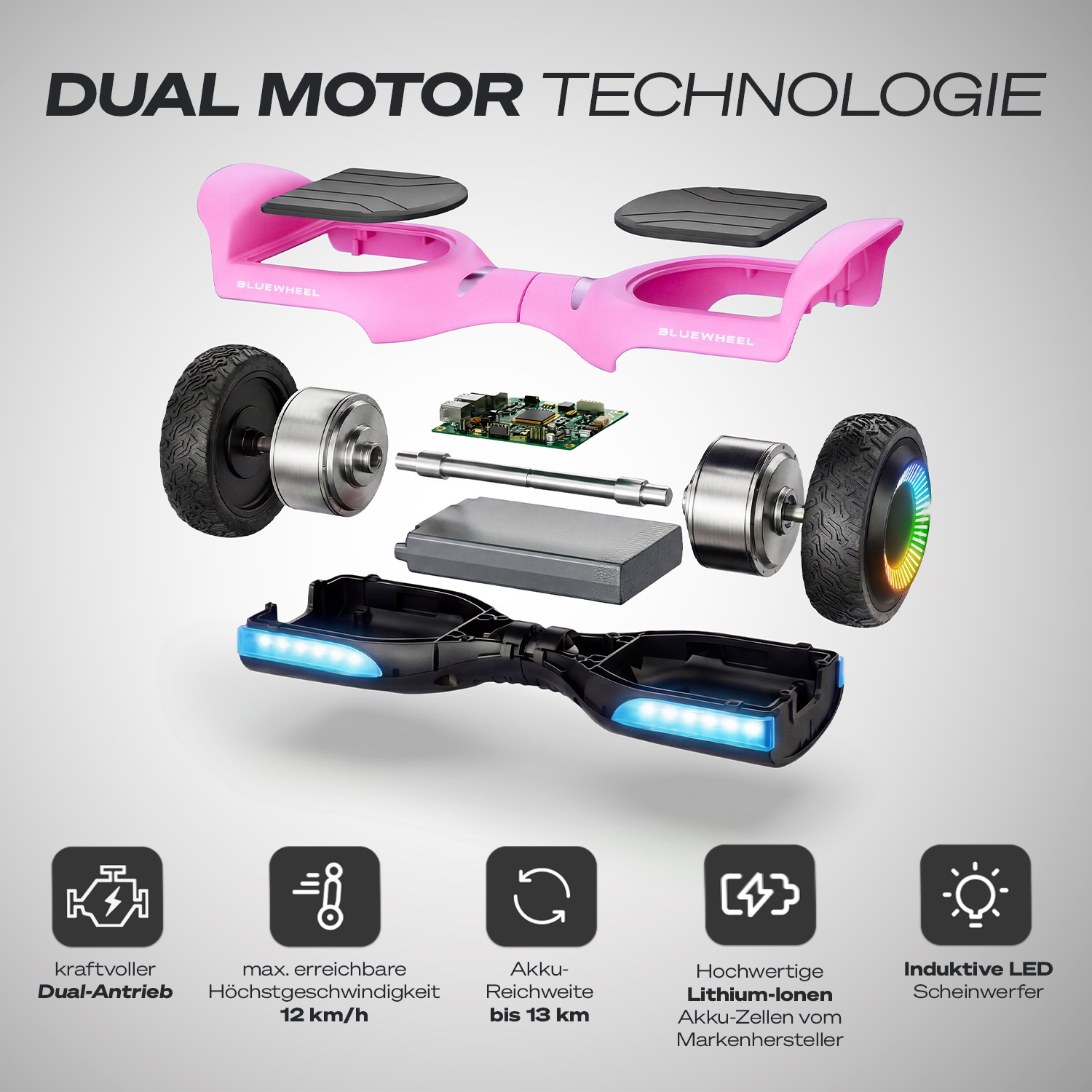 Explosionsdarstellung eines rosa Hoverboards mit Dual-Motor-Technologie.