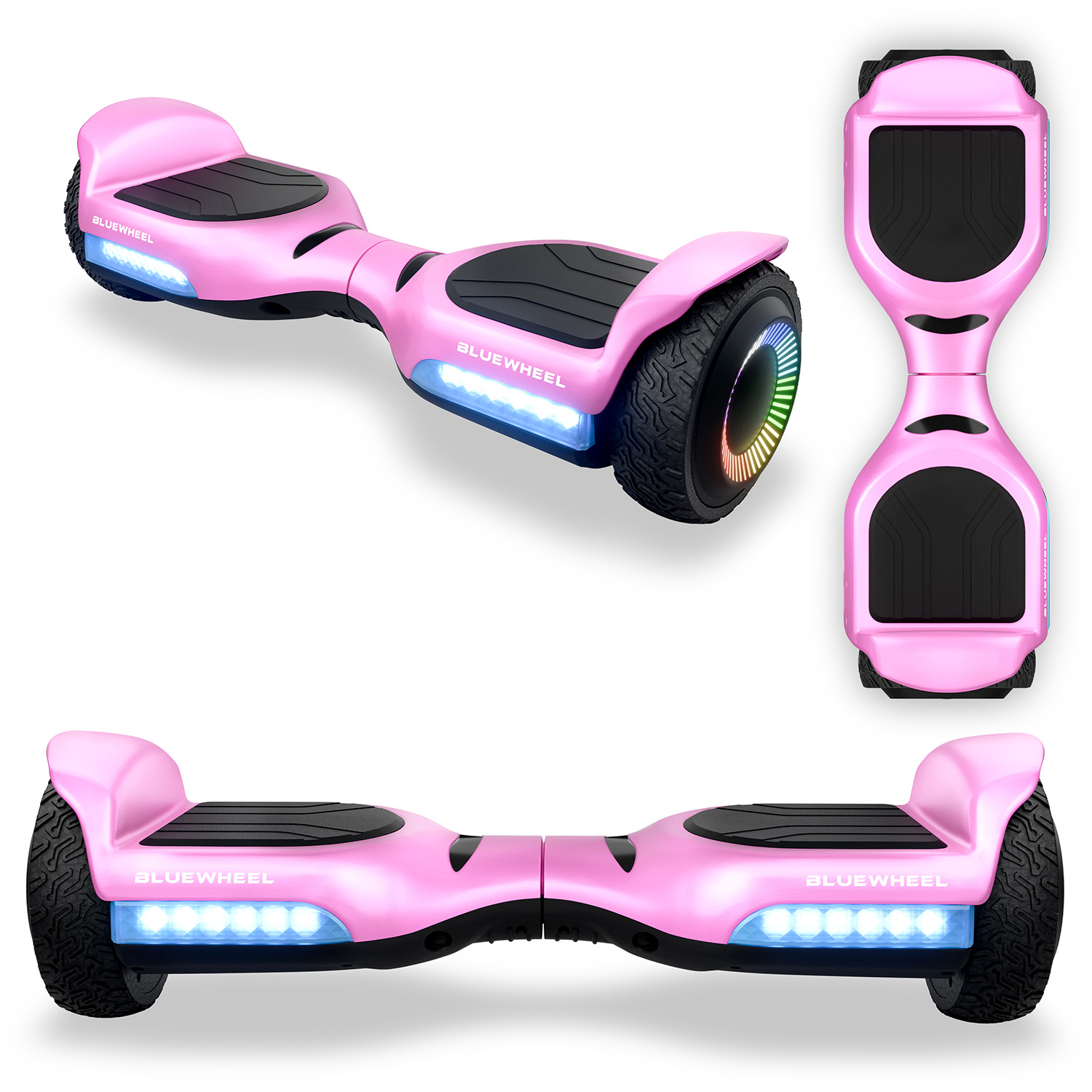 Ein pinker Hoverboard mit Lichtern und schwarzem Griff. Drei Ansichten.