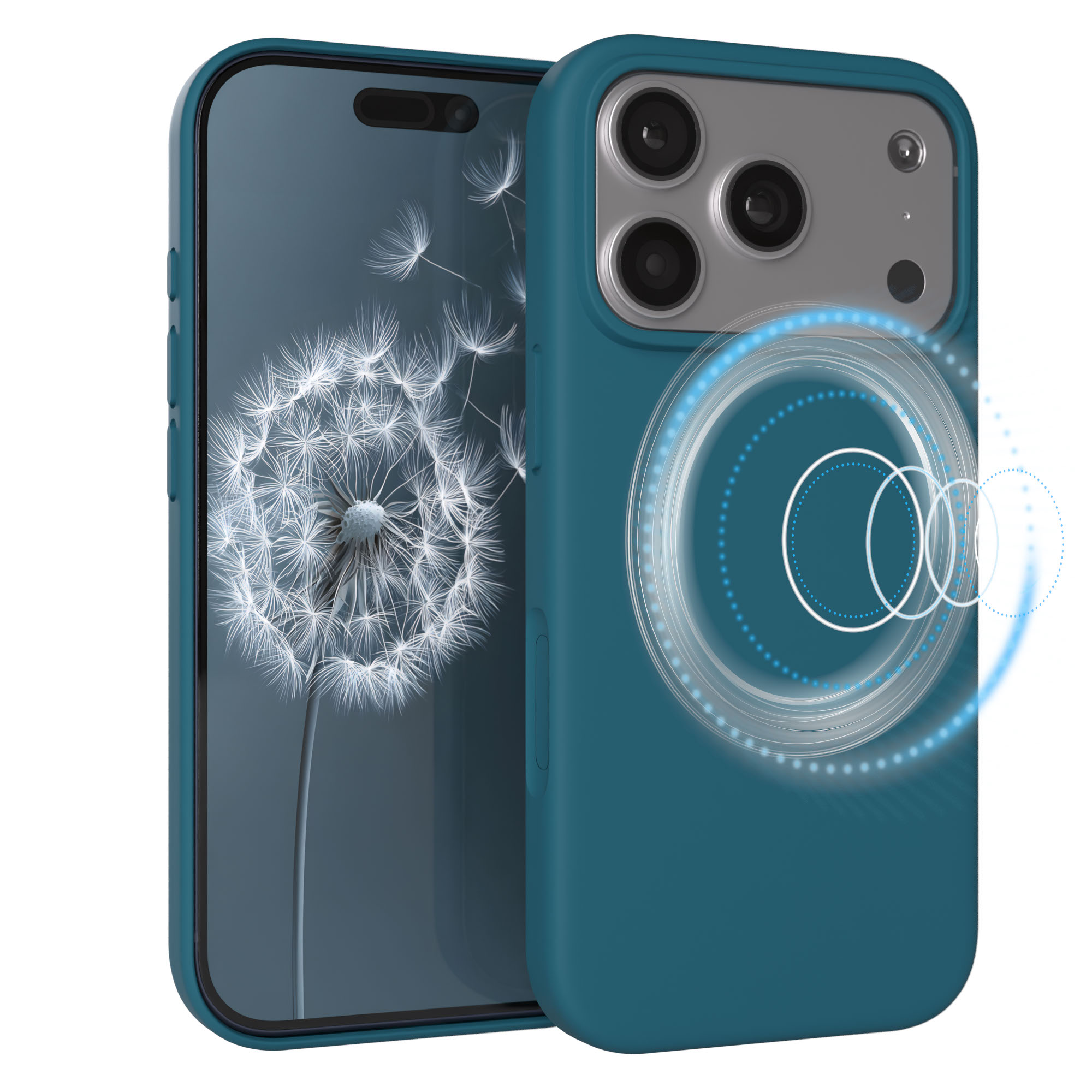 Ein tealfarbenes Handy mit einer Kamera und einem Löwenzahnhintergrund.