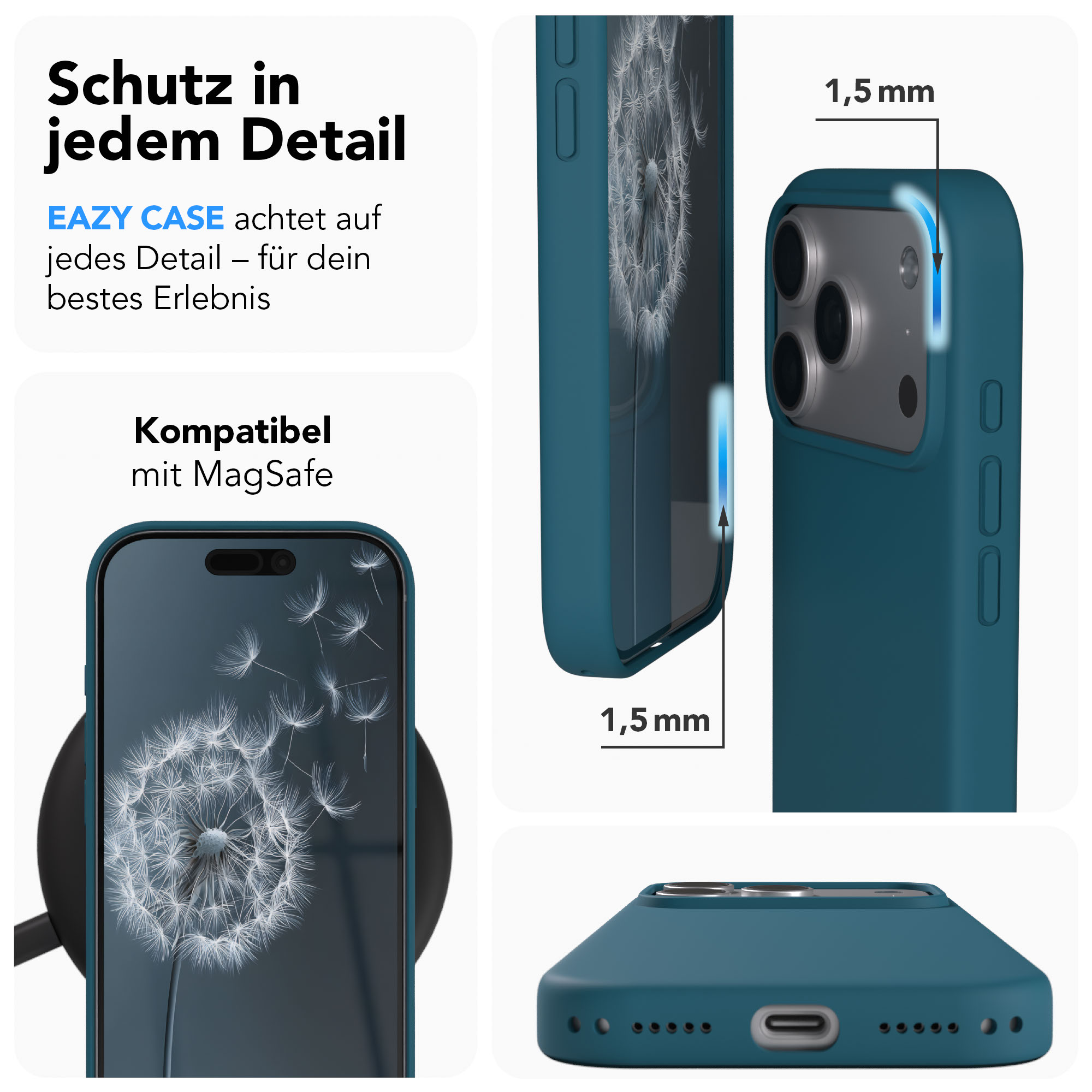 Eine blaue Handyhülle mit Löwenzahndesign und Maßen.