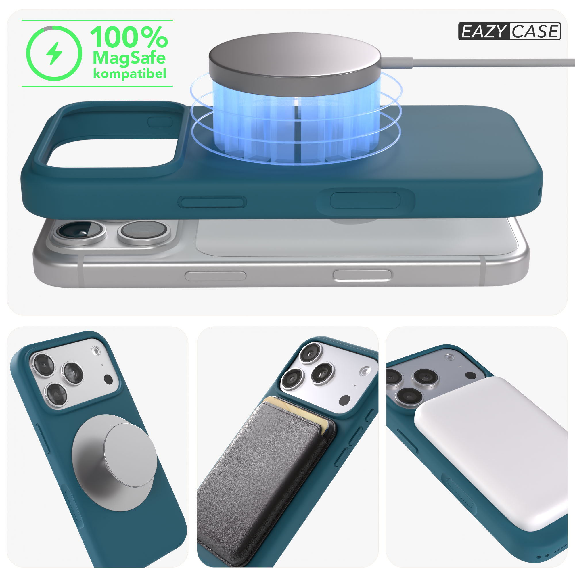 Blauer Case mit MagSafe-Ladegerät, Handyhalterung und Kartenetui.