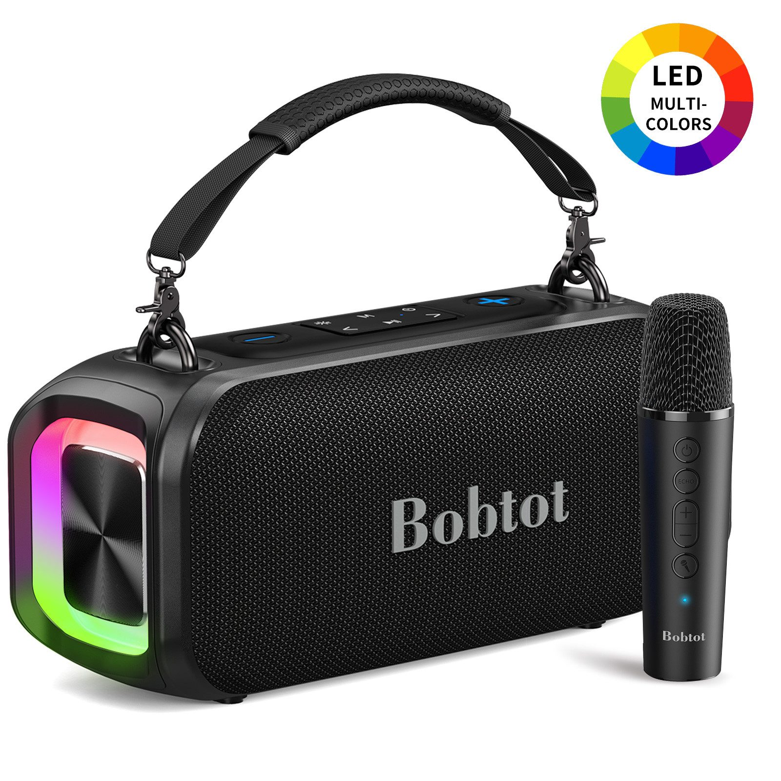Schwarzer Bobtot-Lautsprecher mit LED-Beleuchtung und schwarzes Mikrofon mit Bedienelementen.