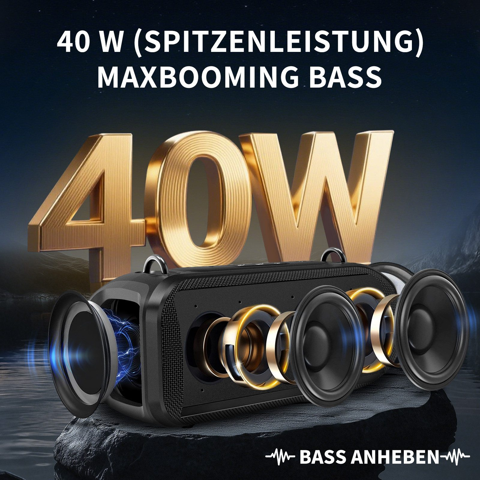 Ein schwarzer Lautsprecher mit goldenen Akzenten und 40W-Aufschrift.