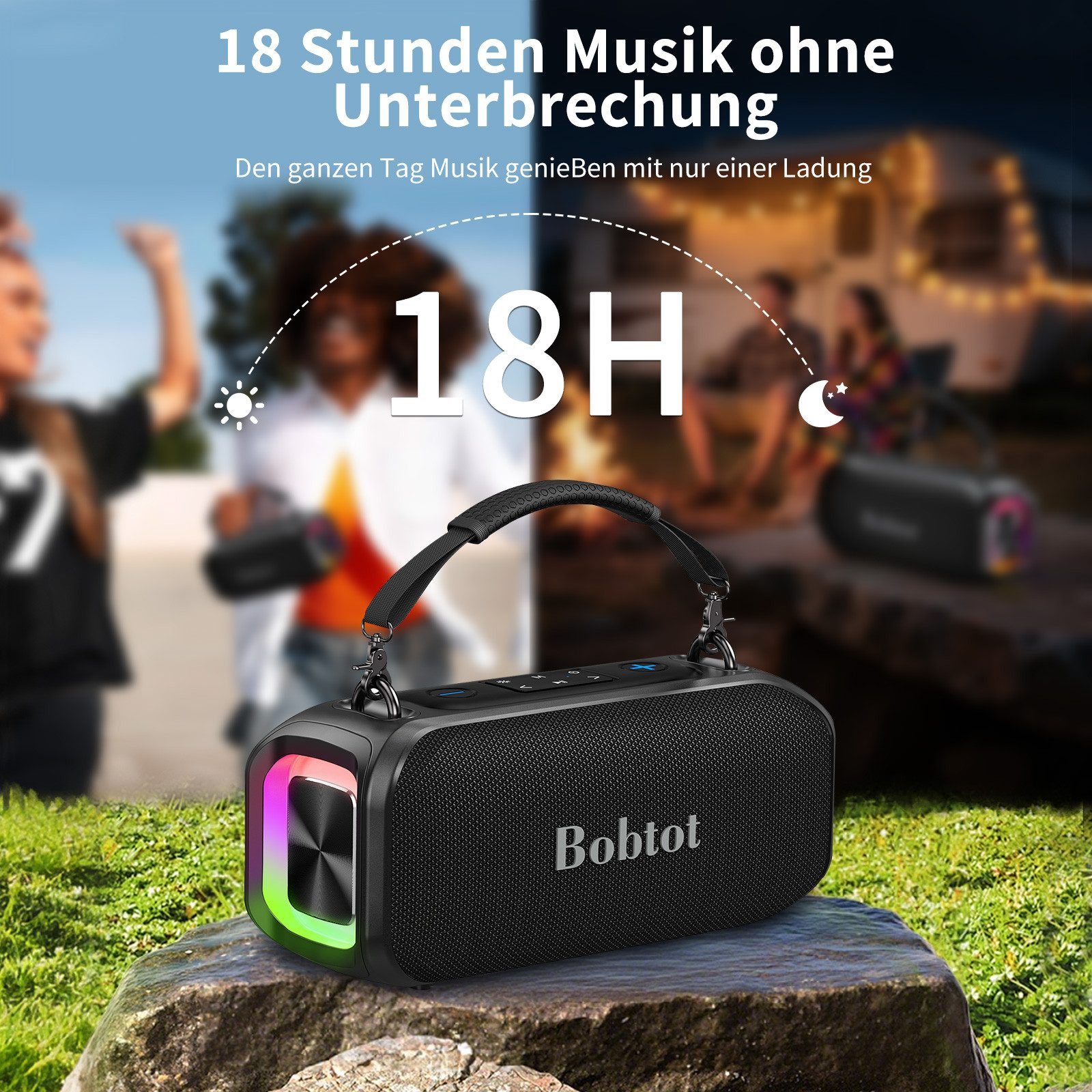 Schwarzer Bobtot Lautsprecher mit bunten Lichtern, auf Stein, 18H Musik.