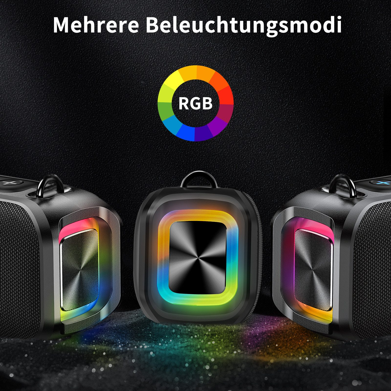 Drei Lautsprecher mit RGB-Beleuchtung auf schwarzem Hintergrund.