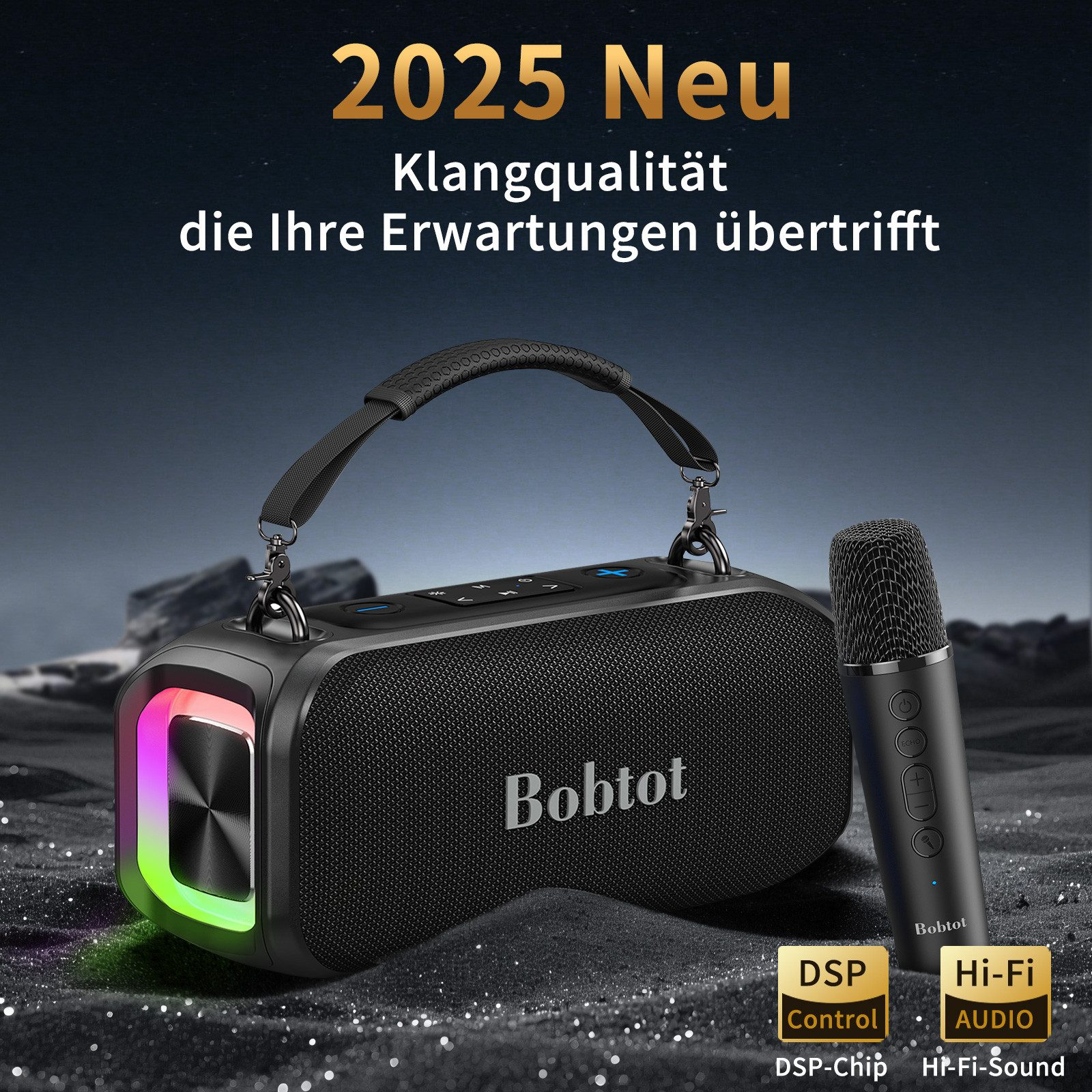 Ein schwarzer Bobtot-Lautsprecher mit Mikrofon, RGB-Licht und Text.