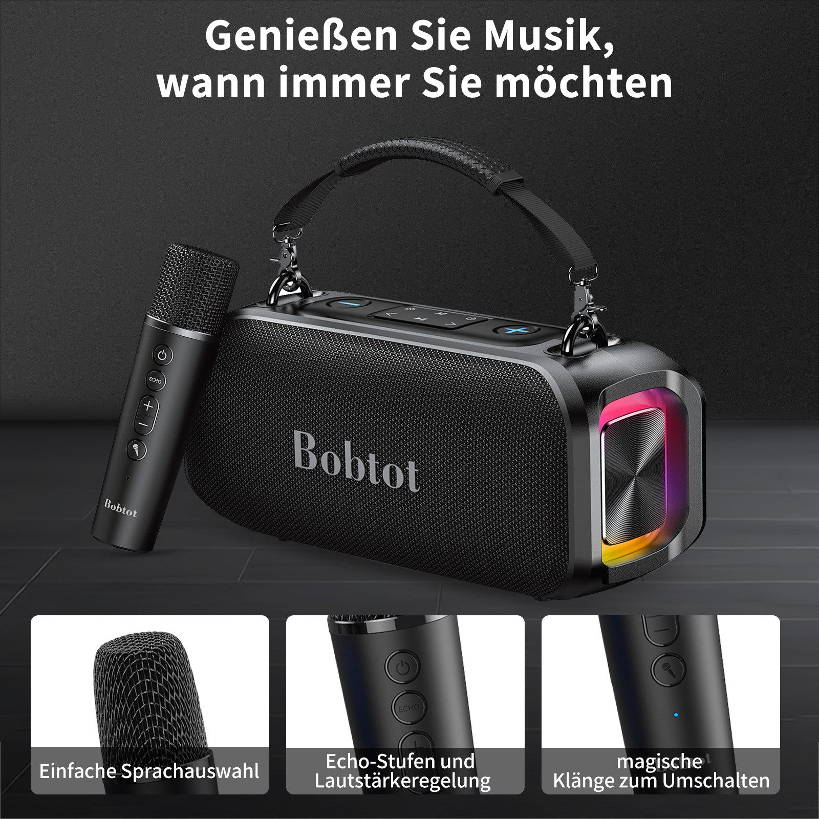 Ein schwarzer Bluetooth-Lautsprecher mit Mikrofon und bunten Lichtern.