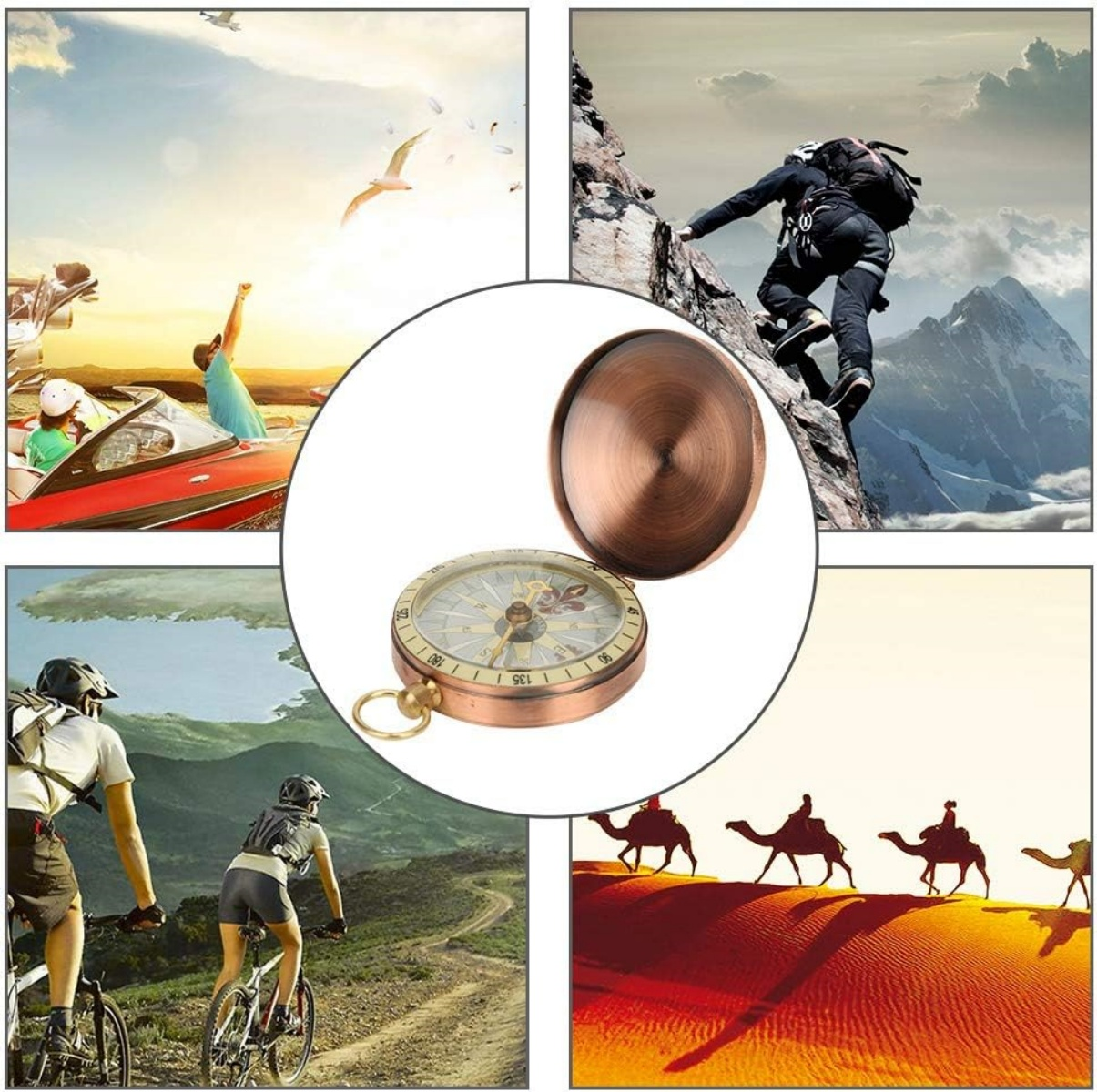 Collage mit Abenteuern: Bootfahren, Bergsteigen, Radfahren, Kamelkarawane und Kompass.