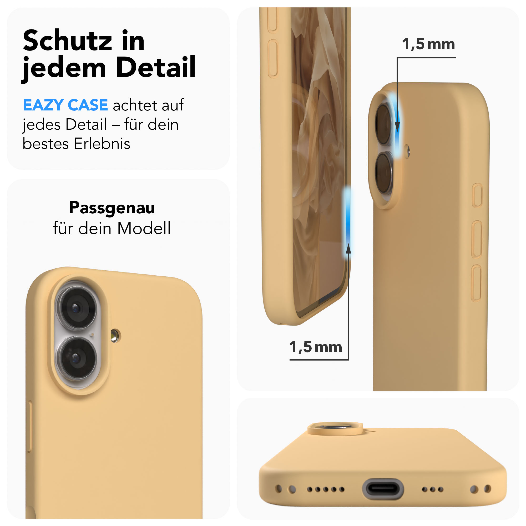 Ein beiger Handyhülle mit Kameraschutz und Ladeanschluss. Detaillierte Ansicht.