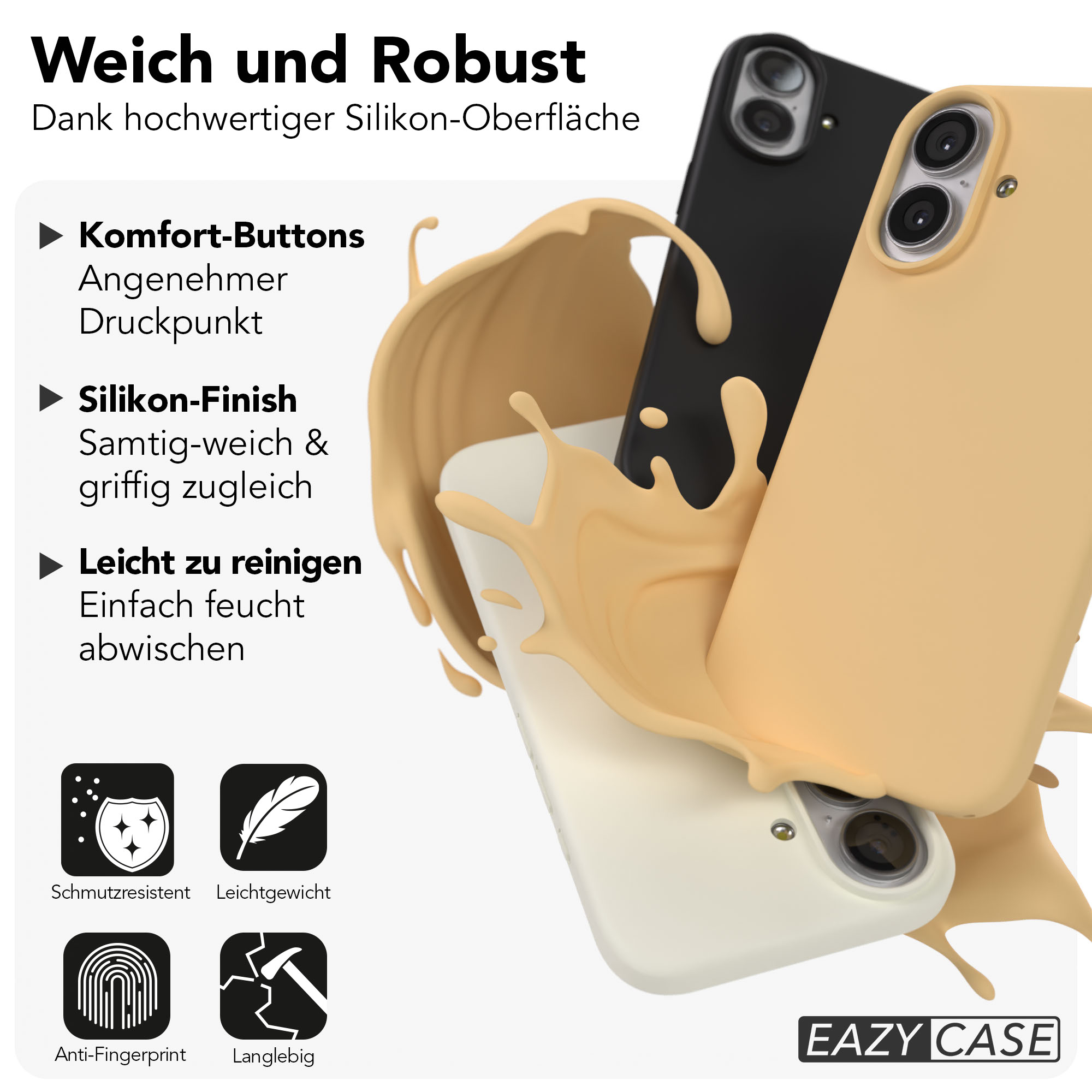Drei Handyhüllen in Beige, Schwarz und Weiß, umgeben von einer cremigen Flüssigkeit.