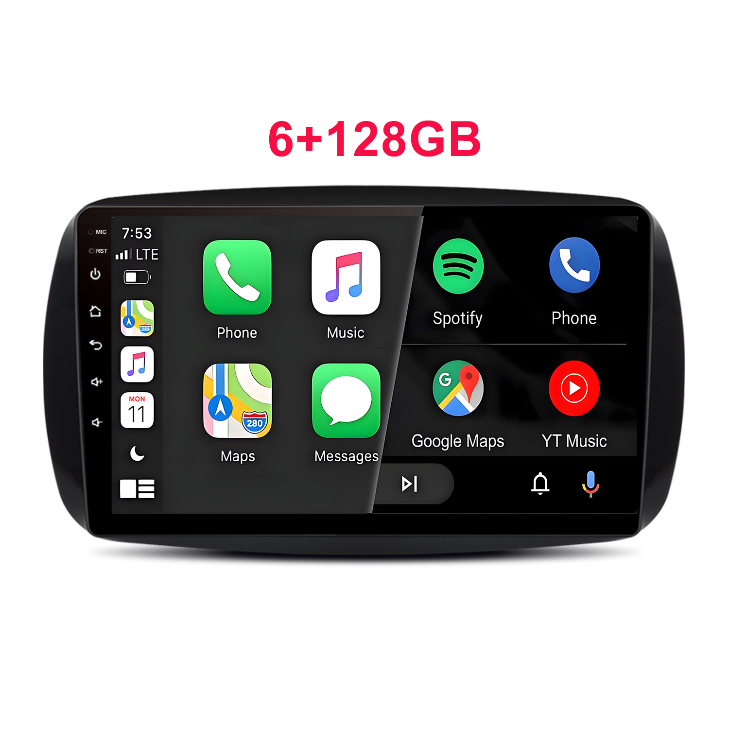 Auto-Infotainmentsystem mit Apps: Telefon, Musik, Spotify, Karten, Nachrichten.