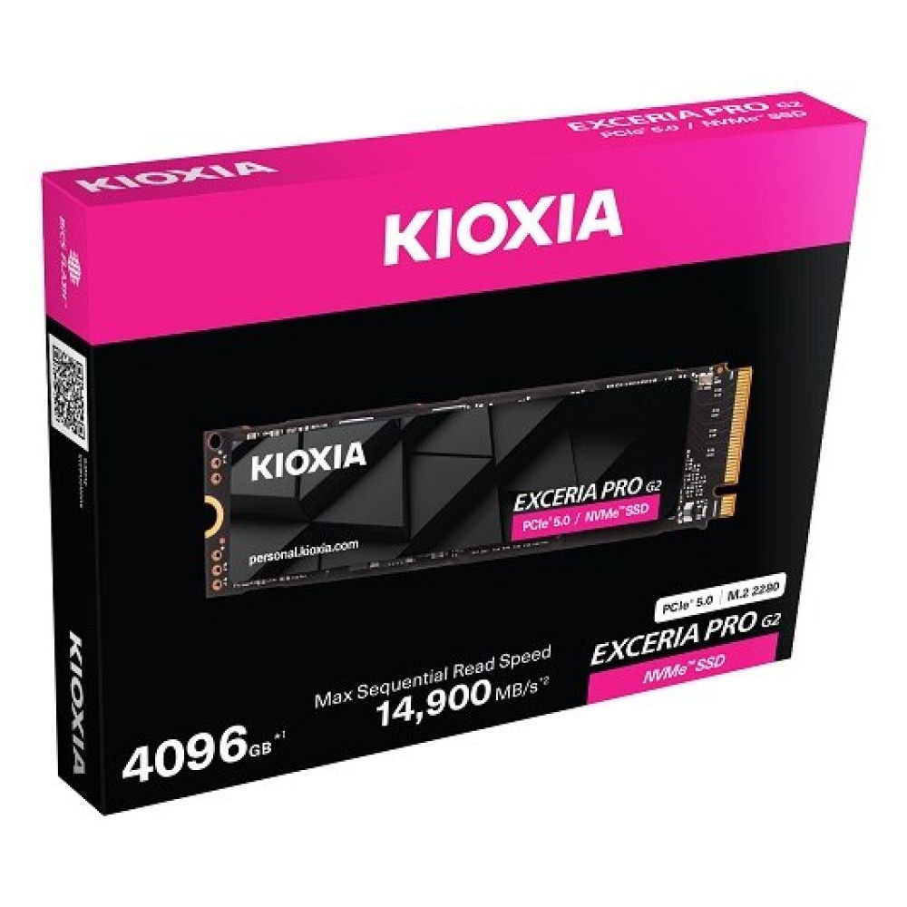 Pudełko Kioxia Exceria Pro G2 4096GB NVMe SSD z prędkością 14.900 MB/s.