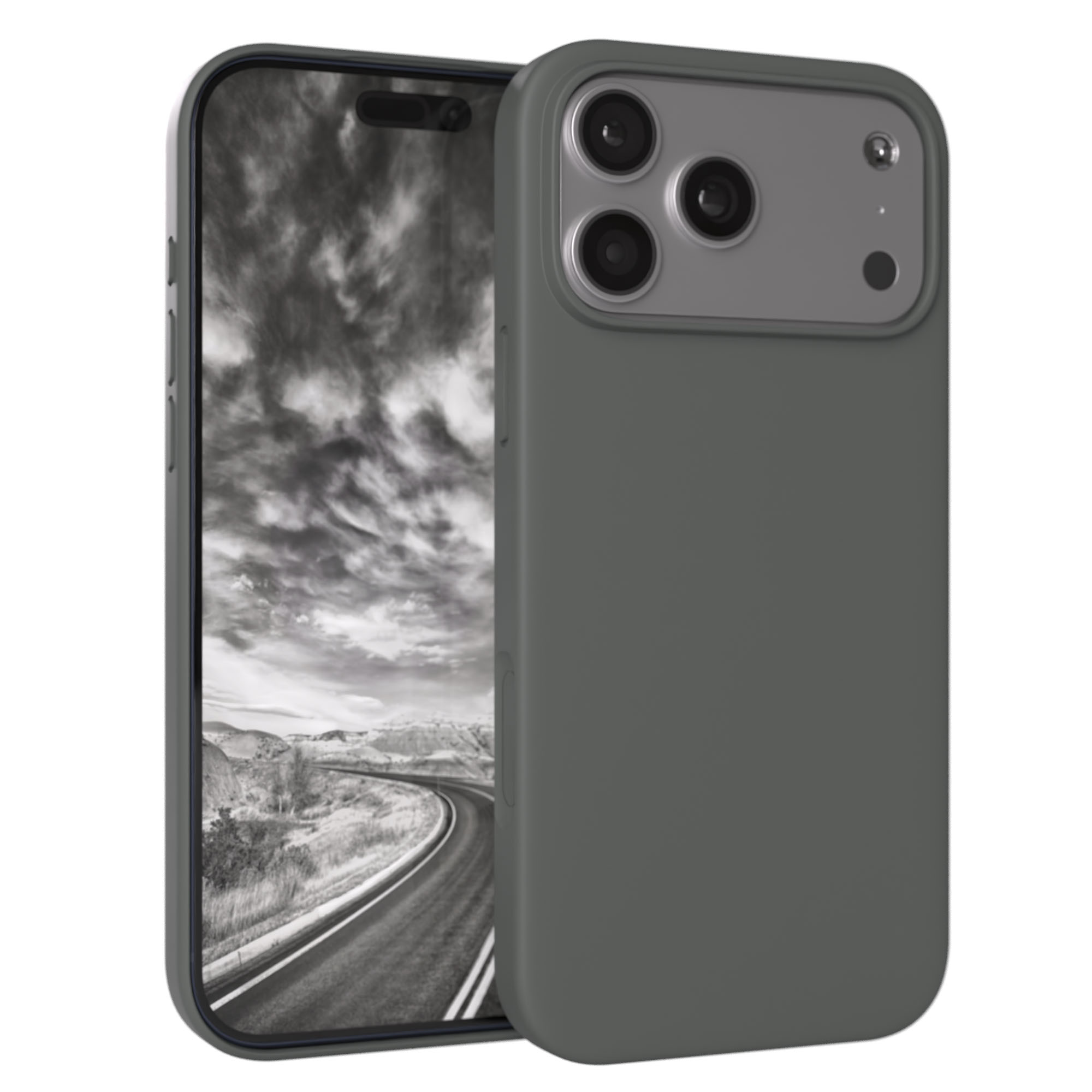Dunkelgraues Handy mit 3 Kameras und Landschaftshintergrund auf dem Bildschirm.