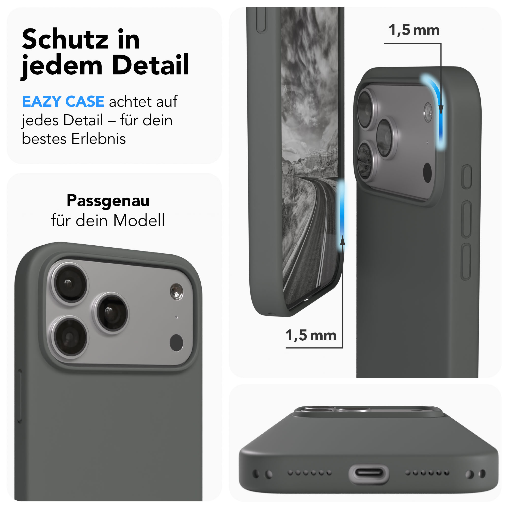 Graue Handyhülle zeigt Kamera und Ladeanschluss, 1,5 mm Überstand.