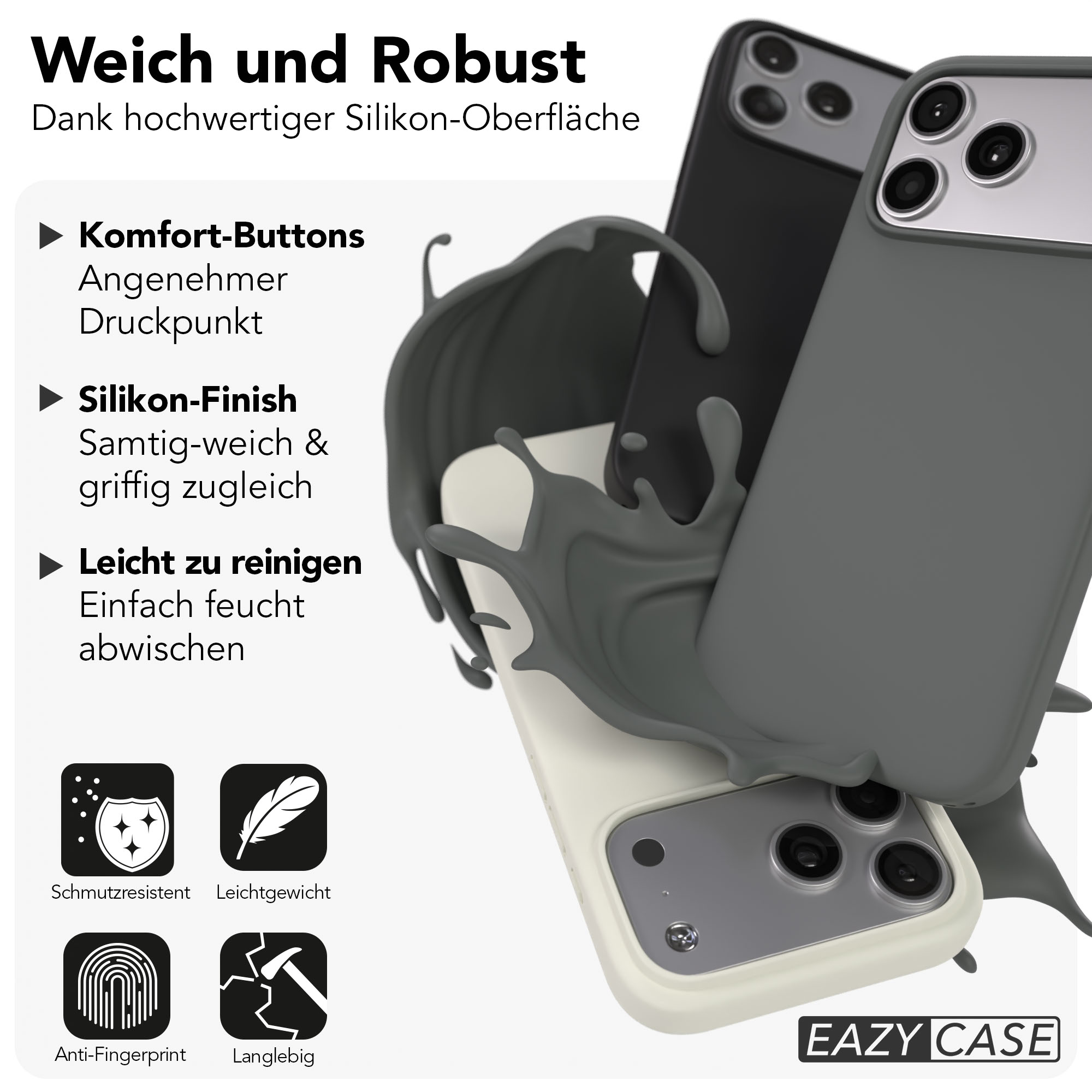 Drei Silikonhüllen in Grau und Schwarz für Smartphones, "EAZY CASE" Logo.