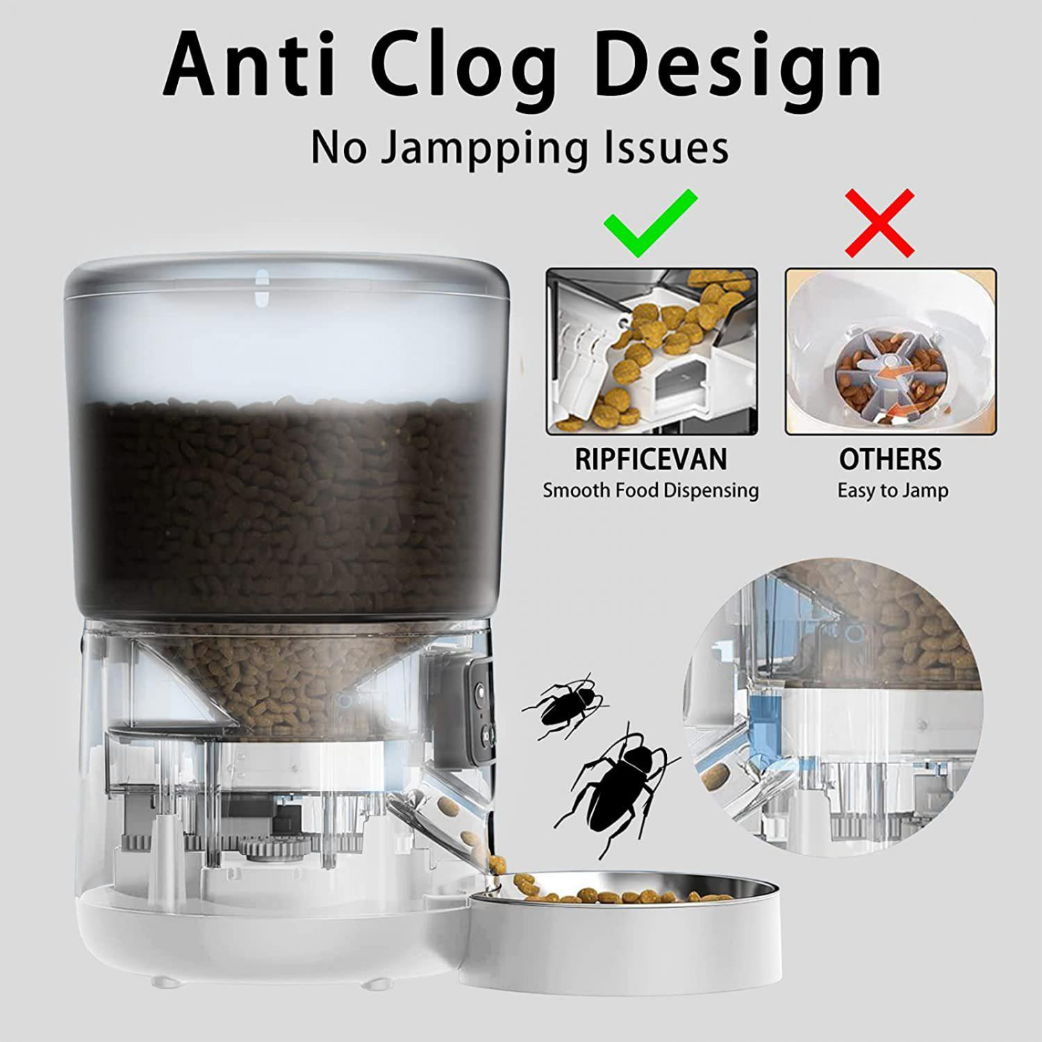 Automatischer Futterspender mit Anti-Verstopfungs-Design, zeigt reibungslose Futterausgabe.