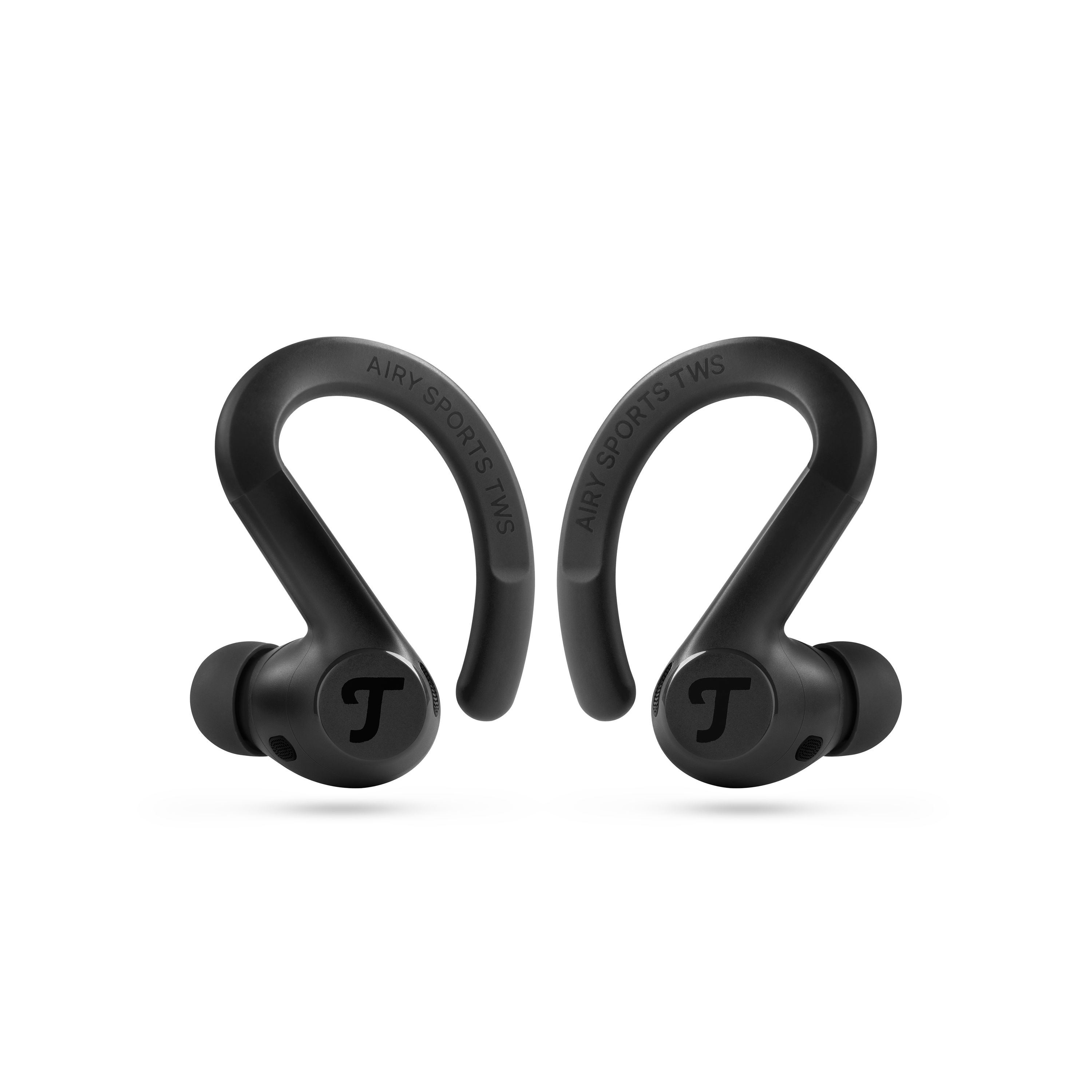 Due auricolari wireless neri con ganci per orecchie e logo T.