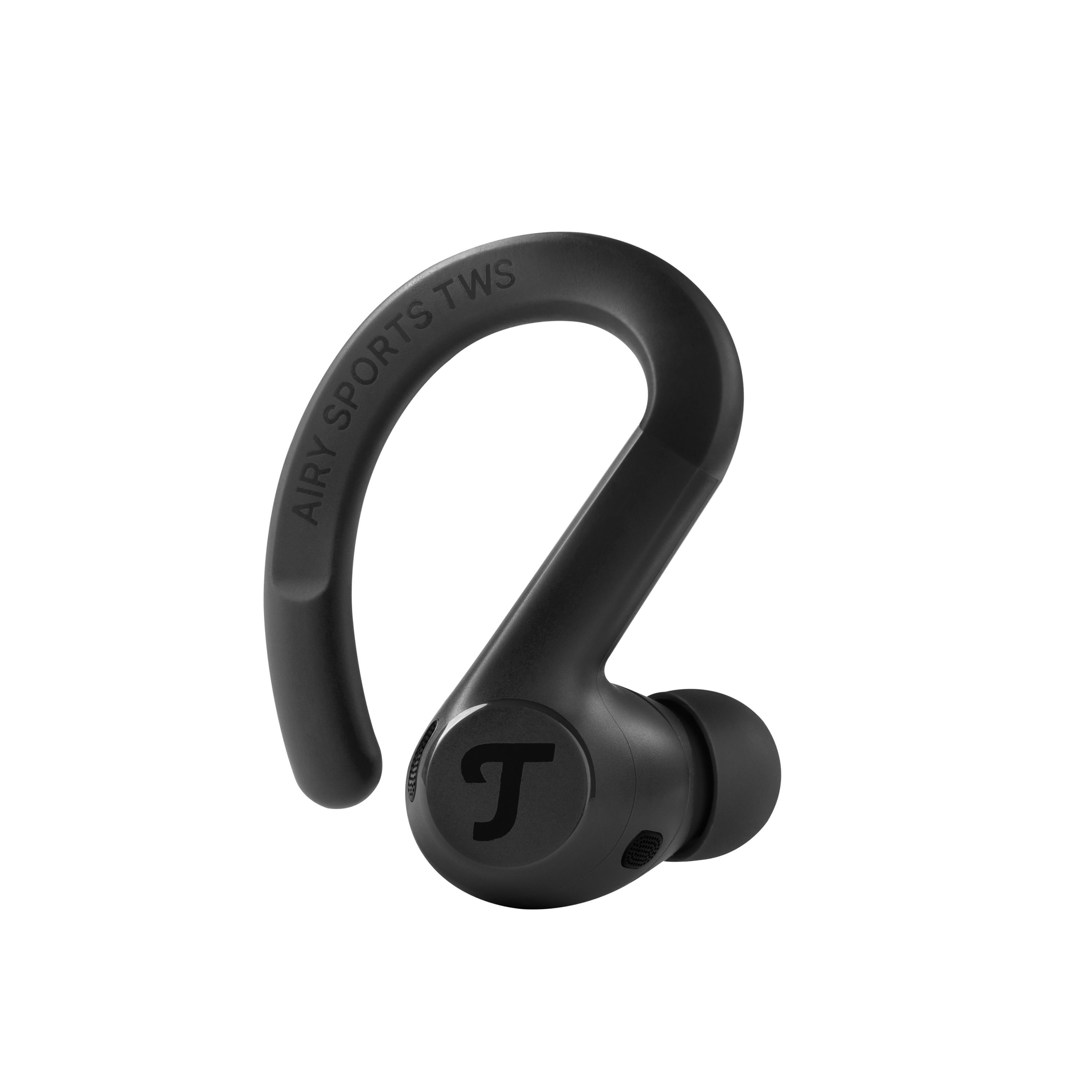 Auricolare nero in-ear con gancio e logo "T".