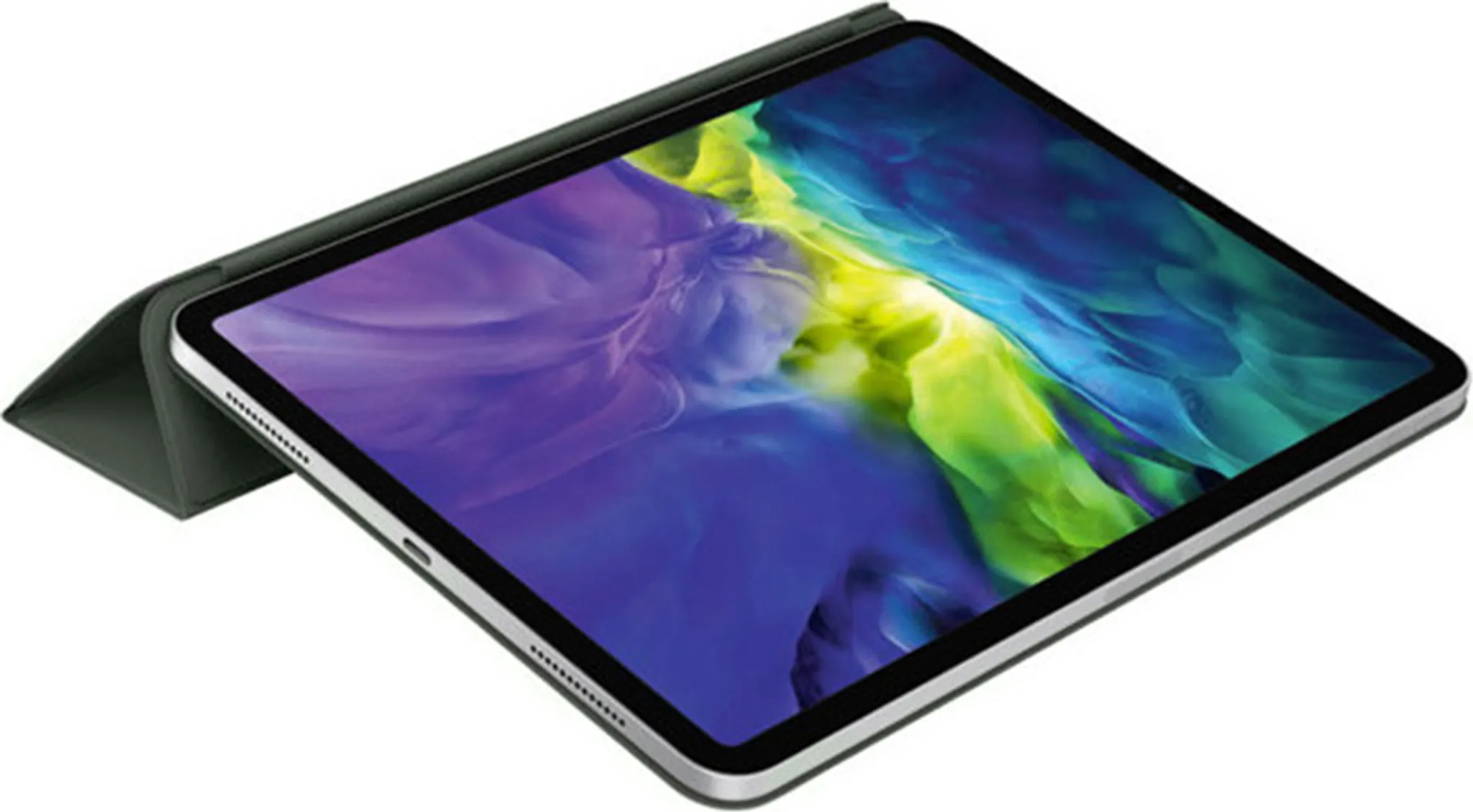 Ein Tablet mit dunklem Gehäuse und einem bunten Hintergrundbild.