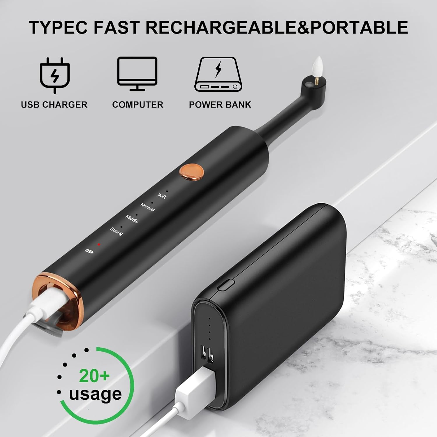 Schwarzer elektrischer Zahnbürstenkopf mit Ladeanschluss und Powerbank.