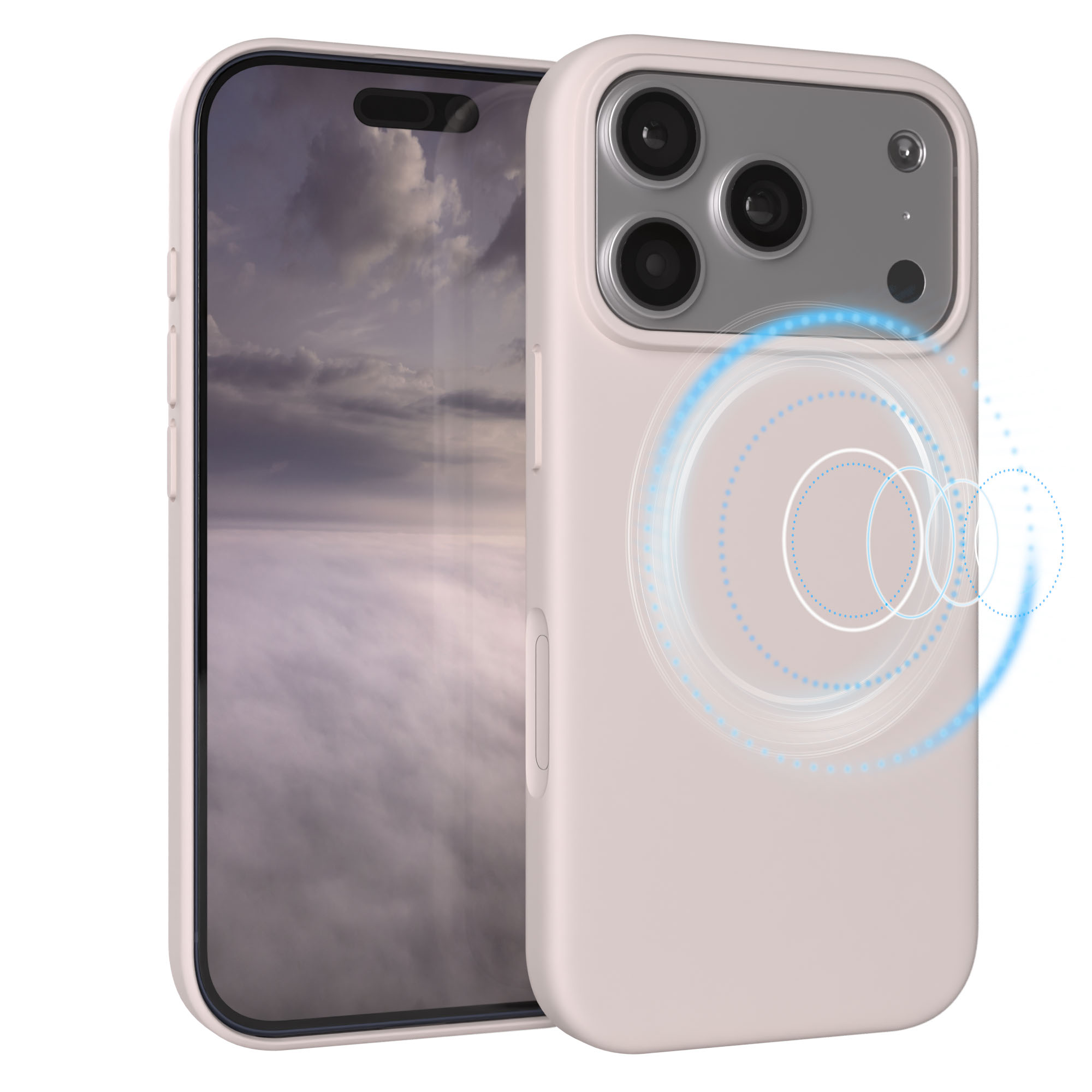 Ein hellrosa Handyhülle mit einem Handy im Hintergrund. Blaue Kreise zeigen Magnete.