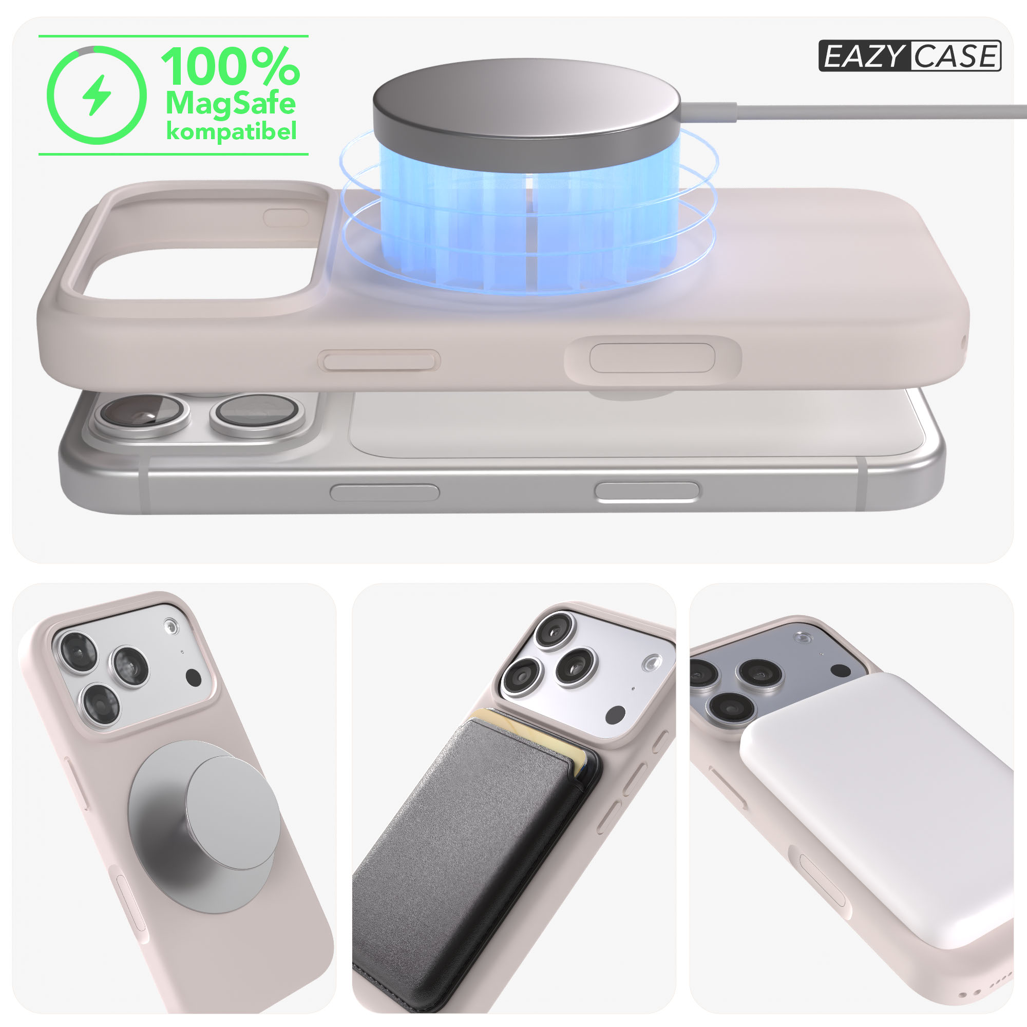 iPhone mit MagSafe-Ladegerät und Zubehör auf hellem Hintergrund.