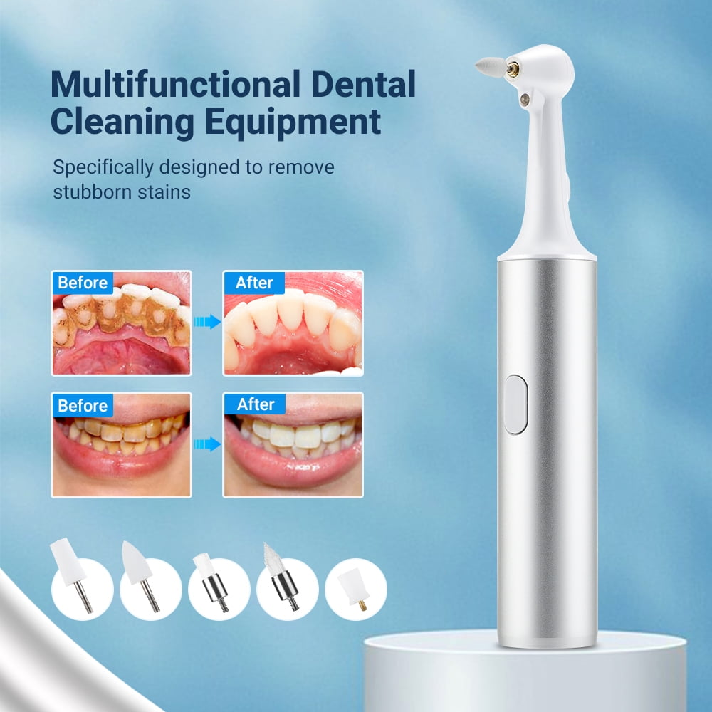 Ein Dentalreinigungsgerät mit Vorher/Nachher-Zahnbildern und Aufsätzen.