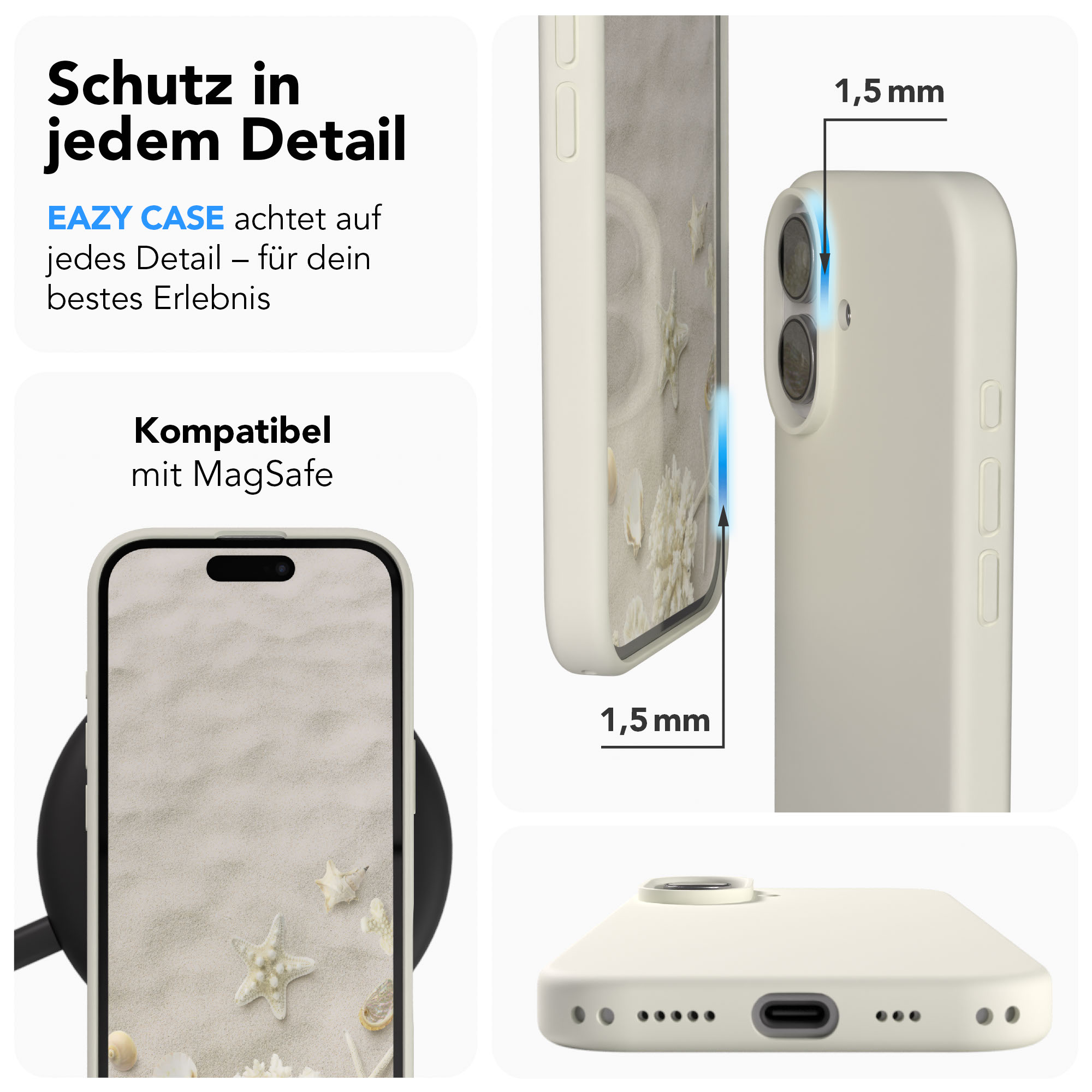 Eazy Case für iPhone mit MagSafe. Schutz 1,5mm. Zeigt Handy auf Ladestation.